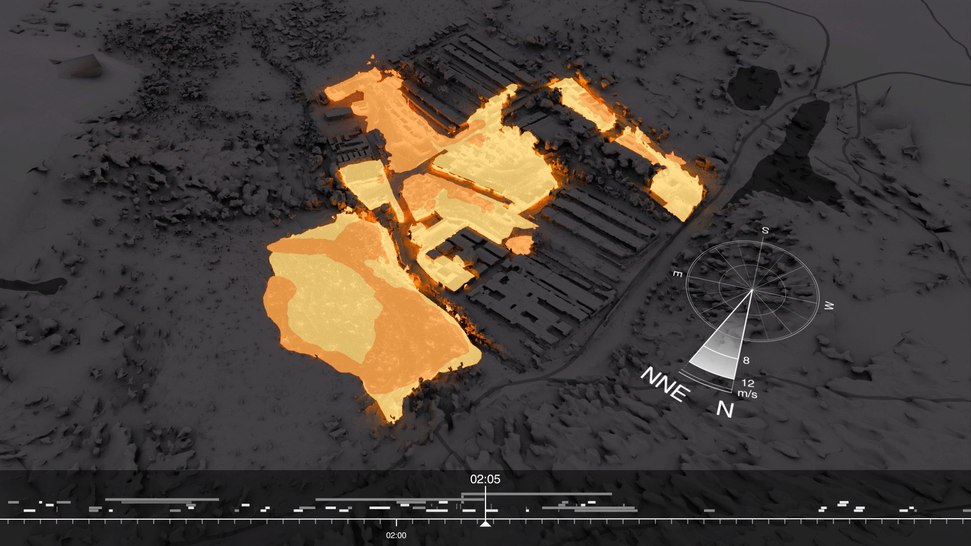Spread of fire (our map) - Our mapping of the progression of the fire in Zone 12 of the camp, consistent with the wind direction. (Forensic Architecture/Forensis, 2023)