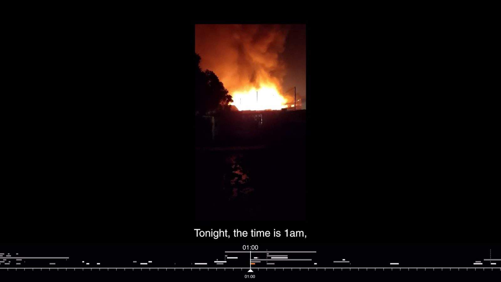 Fire’s spread (1:00) - ReFOCUS Media Labs footage shot at approximately 1am the night of the fire shows a strong blaze at the centre of the camp. Image Source: ReFOCUS Media Labs (Forensic Architecture/Forensis, 2023)