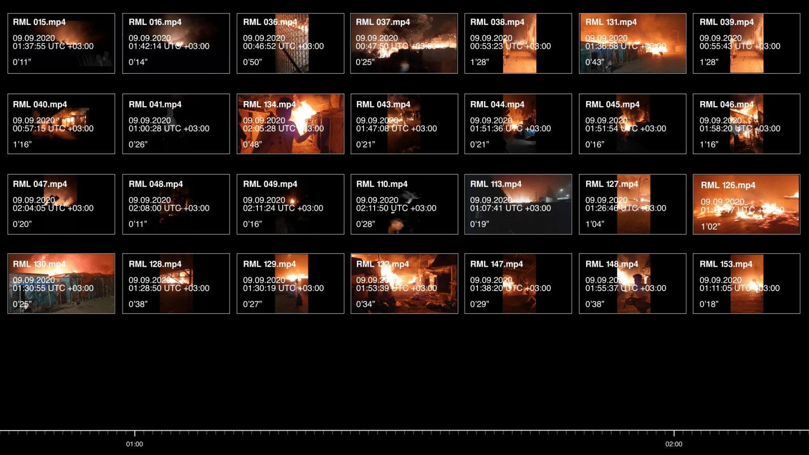 Video timeline - The timecodes in the metadata of the ReFOCUS footage was extracted to create a video timeline of the night. Image Source: ReFOCUS Media Labs (Forensic Architecture/Forensis, 2023)