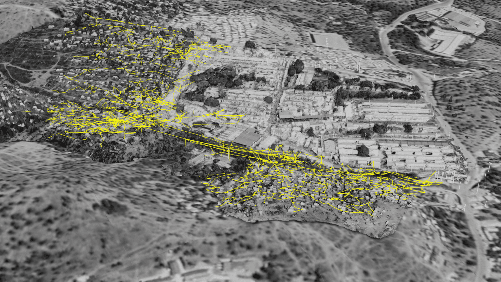 Electric wiring grid - Mapping of parts of the complex grid of ad-hoc electrical wiring in the overspill camp. (Forensic Architecture/Forensis, 2023)