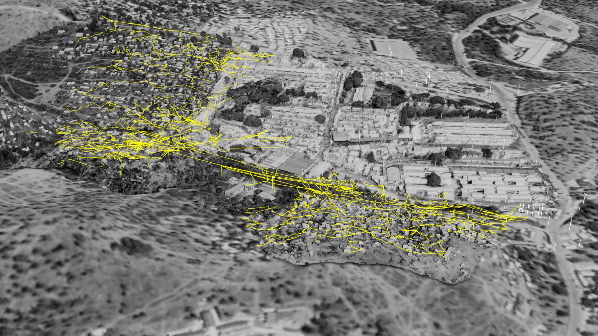 Electric wiring grid - Mapping of parts of the complex grid of ad-hoc electrical wiring in the overspill camp. (Forensic Architecture/Forensis, 2023)