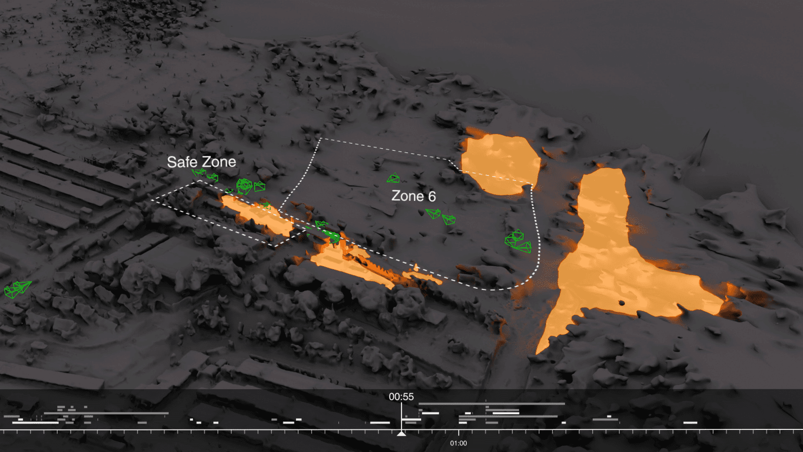 Fire in Moria Refugee Camp (8) - The extent of the fire's spread within the camp at 00:55, as recorded in the available video evidence. (Forensic Architecture/Forensis, 2023)