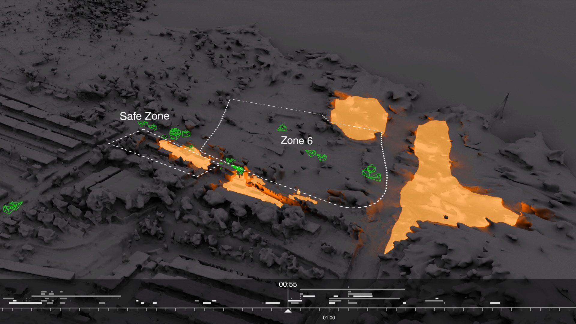 Fire in Moria Refugee Camp (8) - The extent of the fire's spread within the camp at 00:55, as recorded in the available video evidence. (Forensic Architecture/Forensis, 2023)