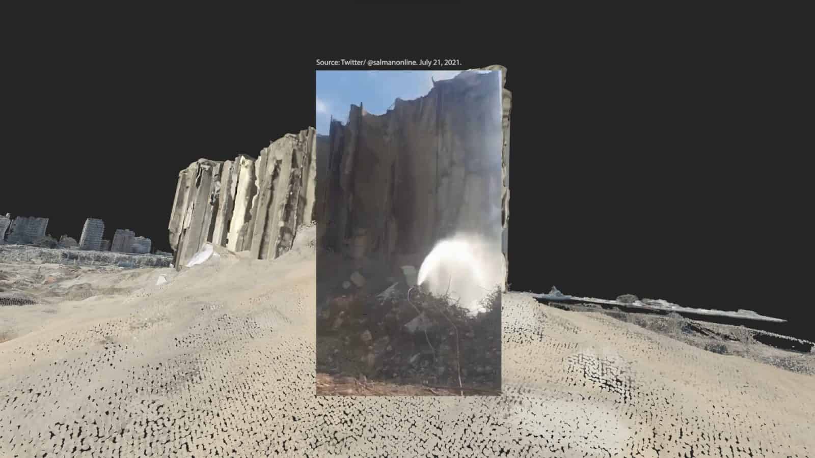 Cooling the fire - This image, overlaid on our model, shows a cooling intervention in very close proximity to the silos, in contradiction with the authorities' previous statements regarding the dangers of getting too close to the site. Image source: Twitter / @salmanonline, 21 July 2021 (Forensic Architecture and Febrayer, 2023)