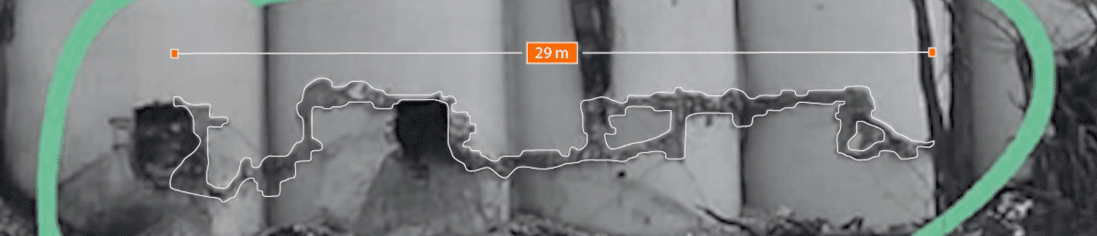 Cracks – annotated - Geolocating the camera that captured this image after the second collapse on 4 August 2022 allows us to track the expansion of the cracks connecting the sharp corners of the holes gradually moving along the concrete structure’s lines of least resistance. These cracks also expand to adjacent columns where holes were not drilled. (Forensic Architecture and Febrayer, 2023)