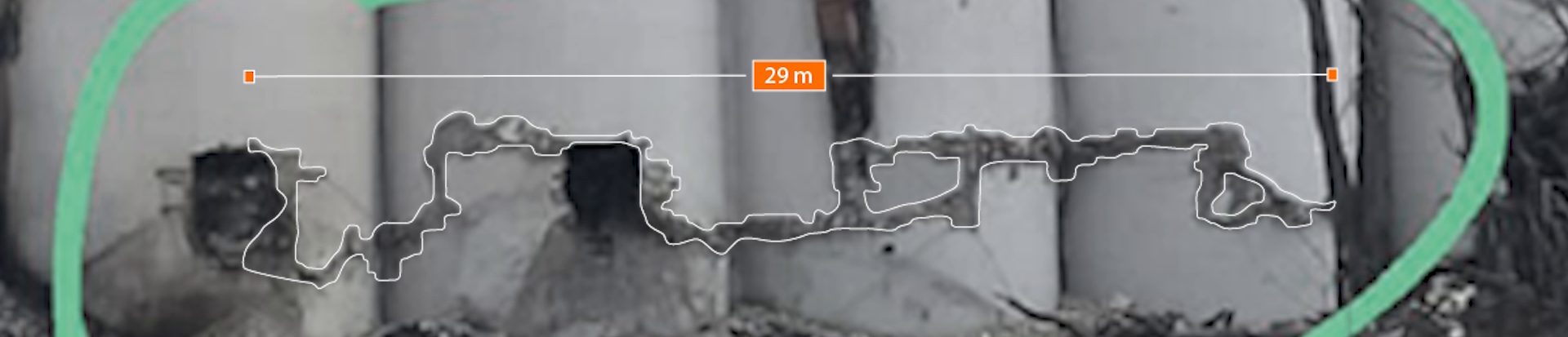 Cracks – annotated - Geolocating the camera that captured this image after the second collapse on 4 August 2022 allows us to track the expansion of the cracks connecting the sharp corners of the holes gradually moving along the concrete structure’s lines of least resistance. These cracks also expand to adjacent columns where holes were not drilled. (Forensic Architecture and Febrayer, 2023)