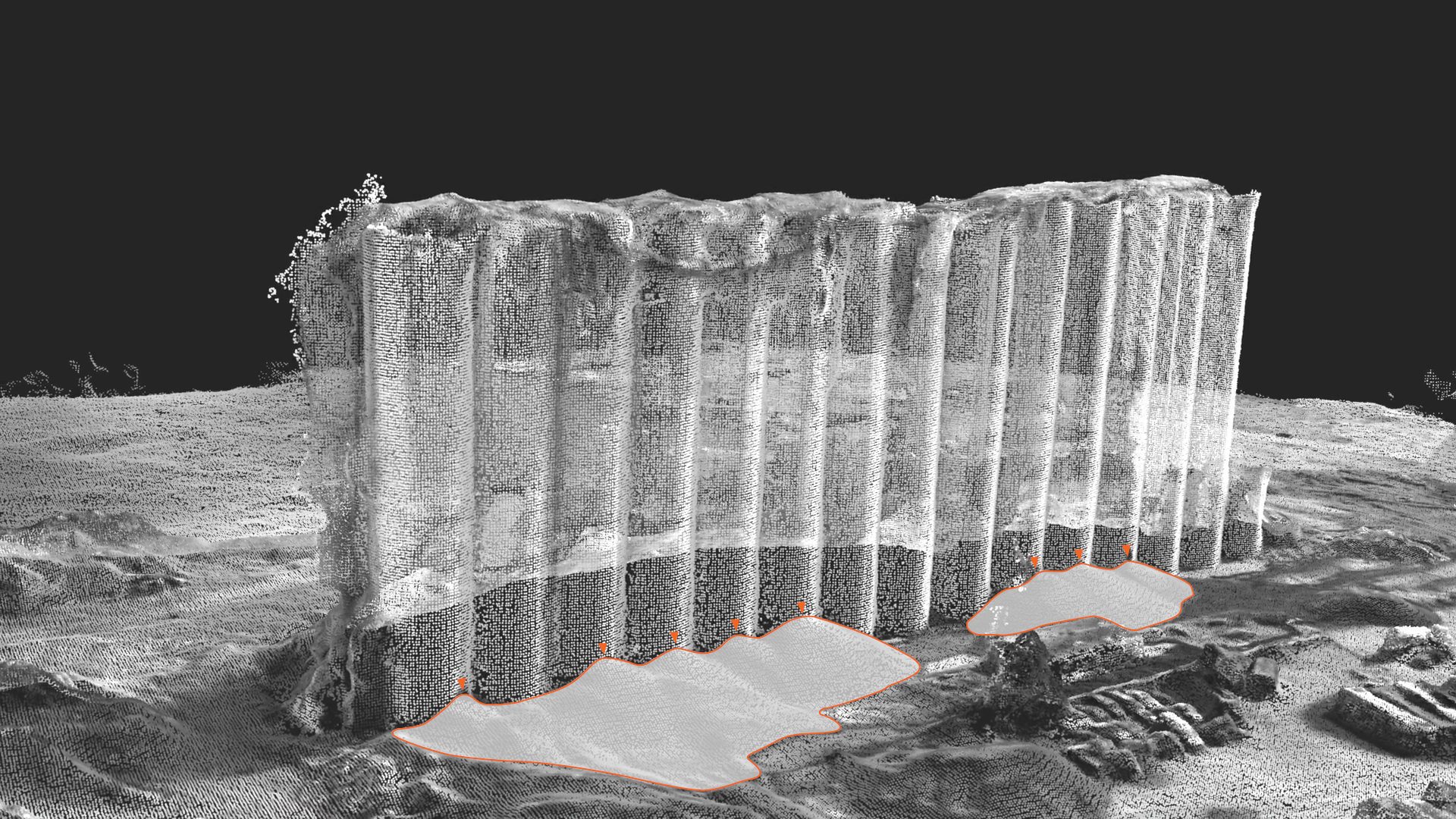 Model of silos – 3 January 2021 - 3D model of the Beirut silos on 3 January 2021, showing the piles of grain amassed at their base, which had spilled out of the columns that had survived the blast. (Forensic Architecture and Febrayer, 2023)
