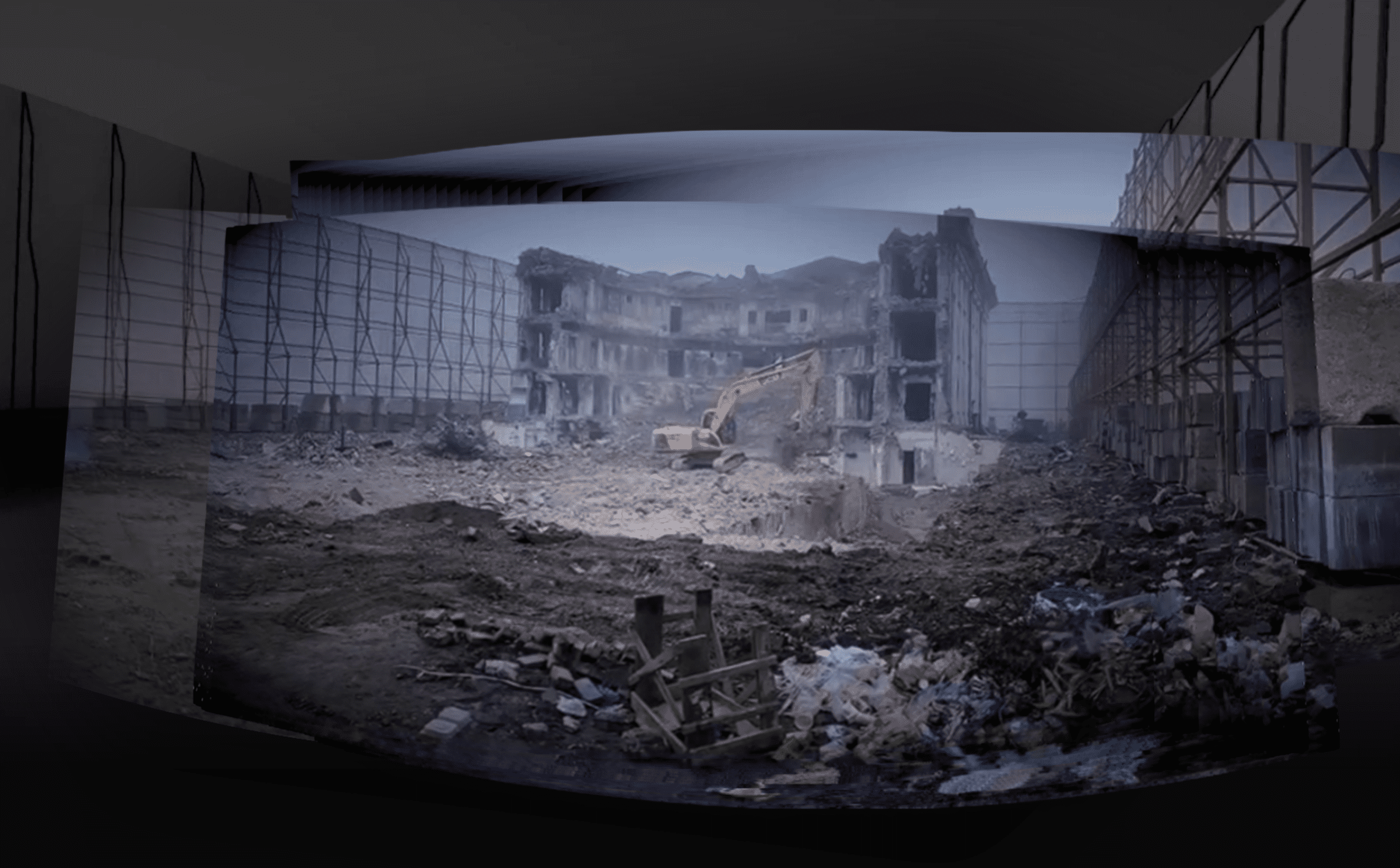 Ruined and excavated theatre - Video taken of the ruins of the Mariupol Drama Theatre being bulldozed behind scaffolding put up by Russian forces, overlaid on a 3D model.
Image source: Peter Andryushchenko, Telegram. (Center for Spatial Technologies)
