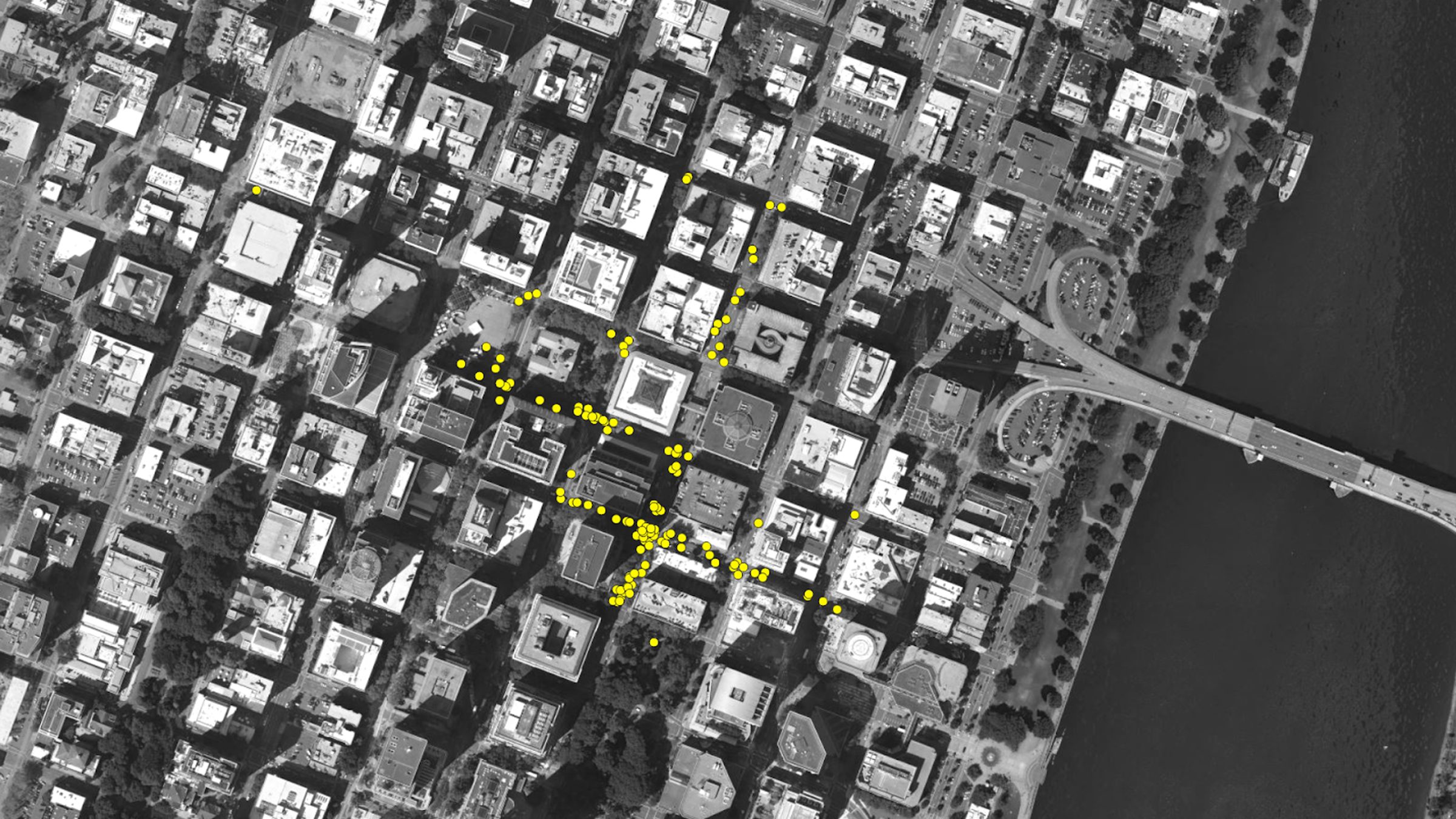 Tear Gas Tuesday in Portland – Emission Points - FA located almost 150 munitions used by Portland’s police that night. Those locations became ‘emission points’ for the tear gas simulation. (Forensic Architecture, 2023)
