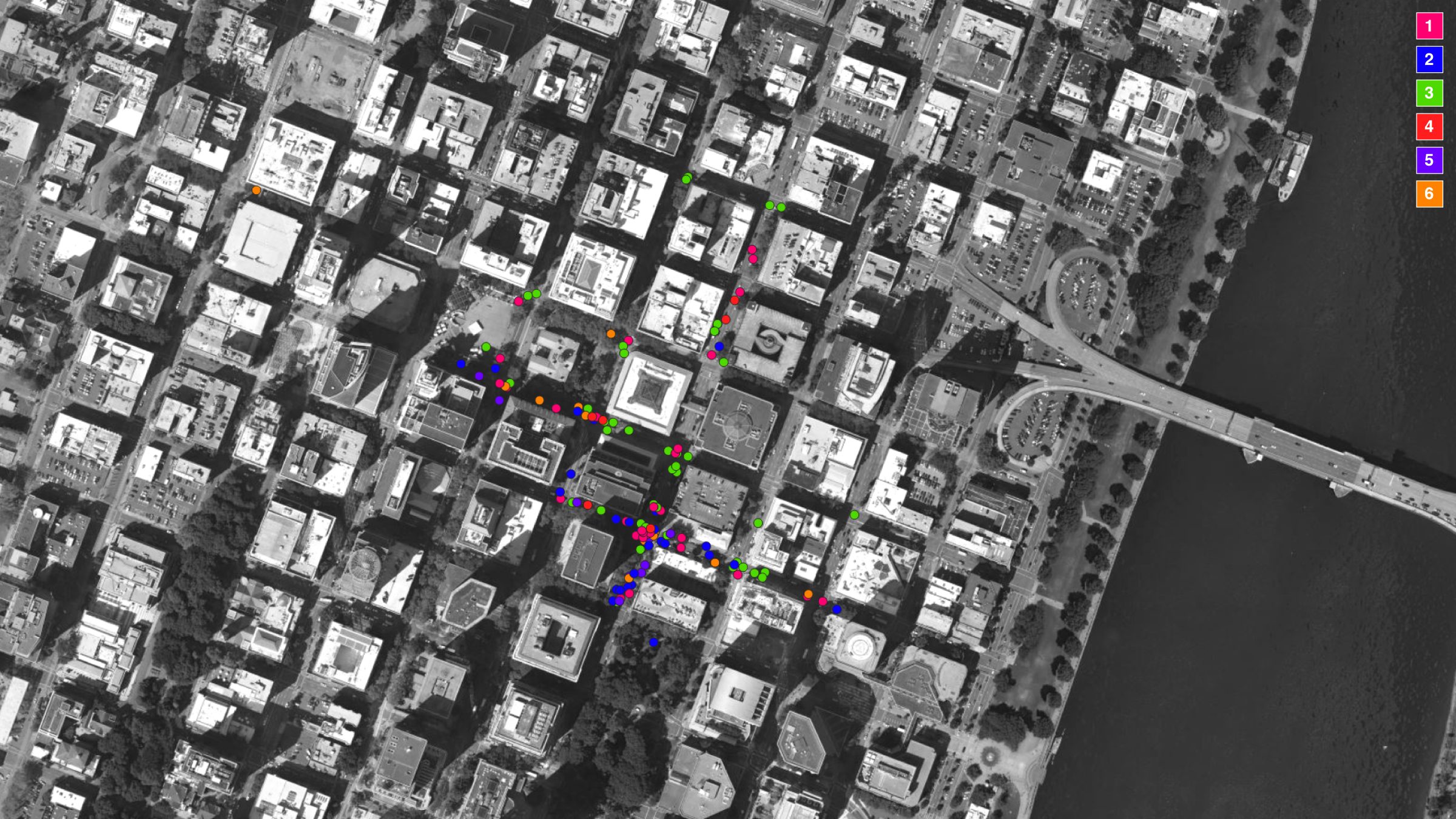 Tear Gas Tuesday in Portland – Emission Points Categorised - The located emission points were identified and categorised into six different types, that were each ascribed a quantity of tear gas through our multi-step classification procedure. (Forensic Architecture, 2023)