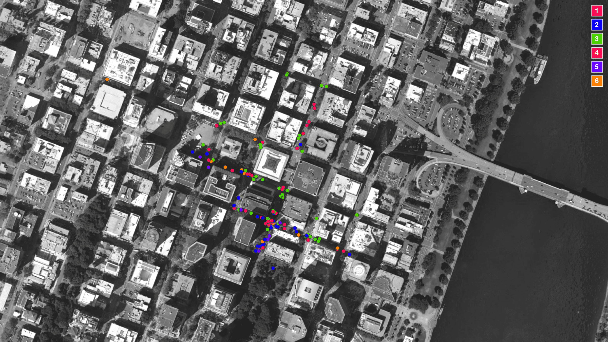 Tear Gas Tuesday in Portland – Emission Points Categorised - The located emission points were identified and categorised into six different types, that were each ascribed a quantity of tear gas through our multi-step classification procedure. (Forensic Architecture, 2023)