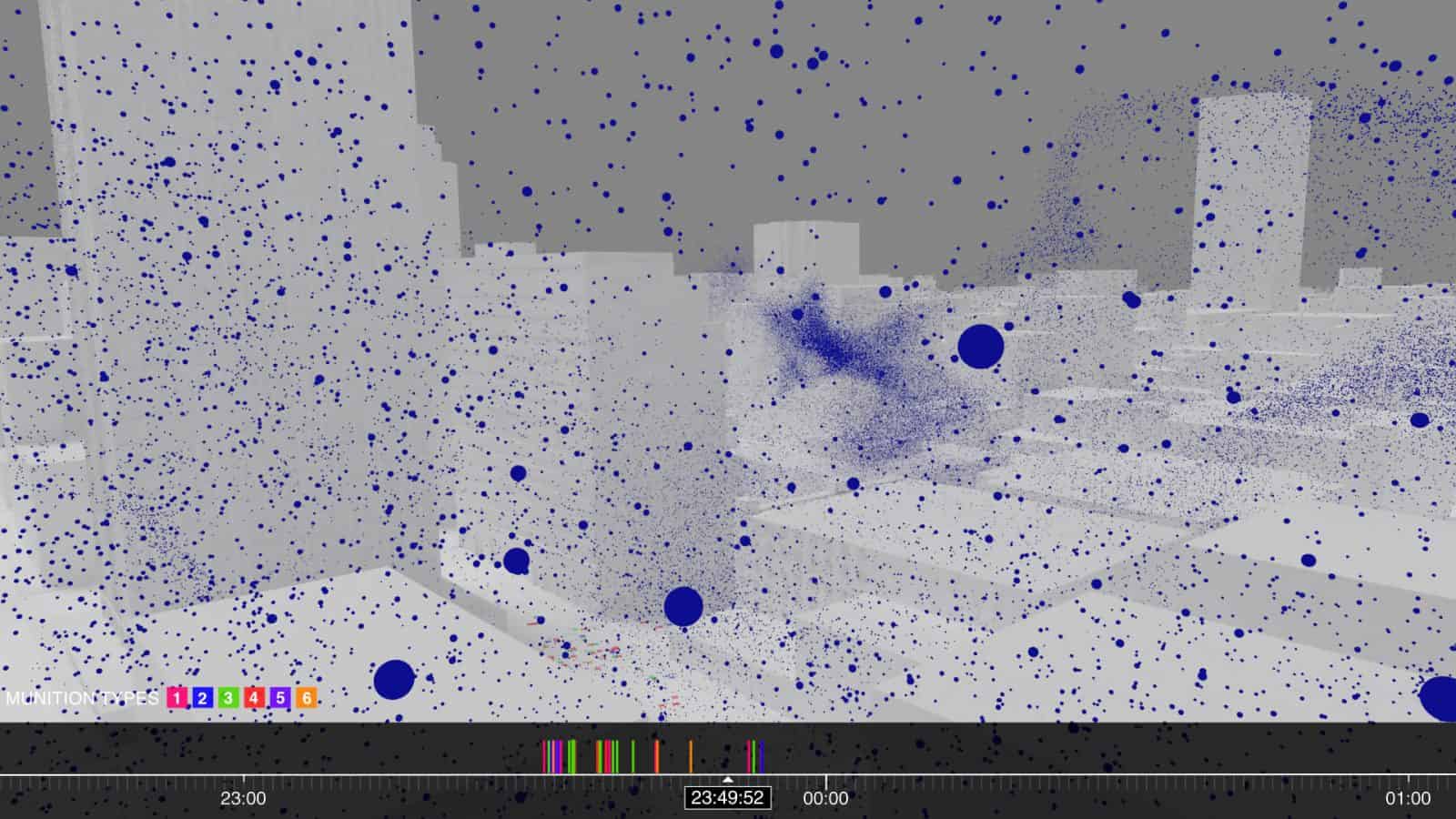 Tear Gas Tuesday in Portland – Particles - Within the simulation, each point represents one million particles of CS. The simulation shows that CS stays in the air for hours after deployment. (Forensic Architecture, 2023)