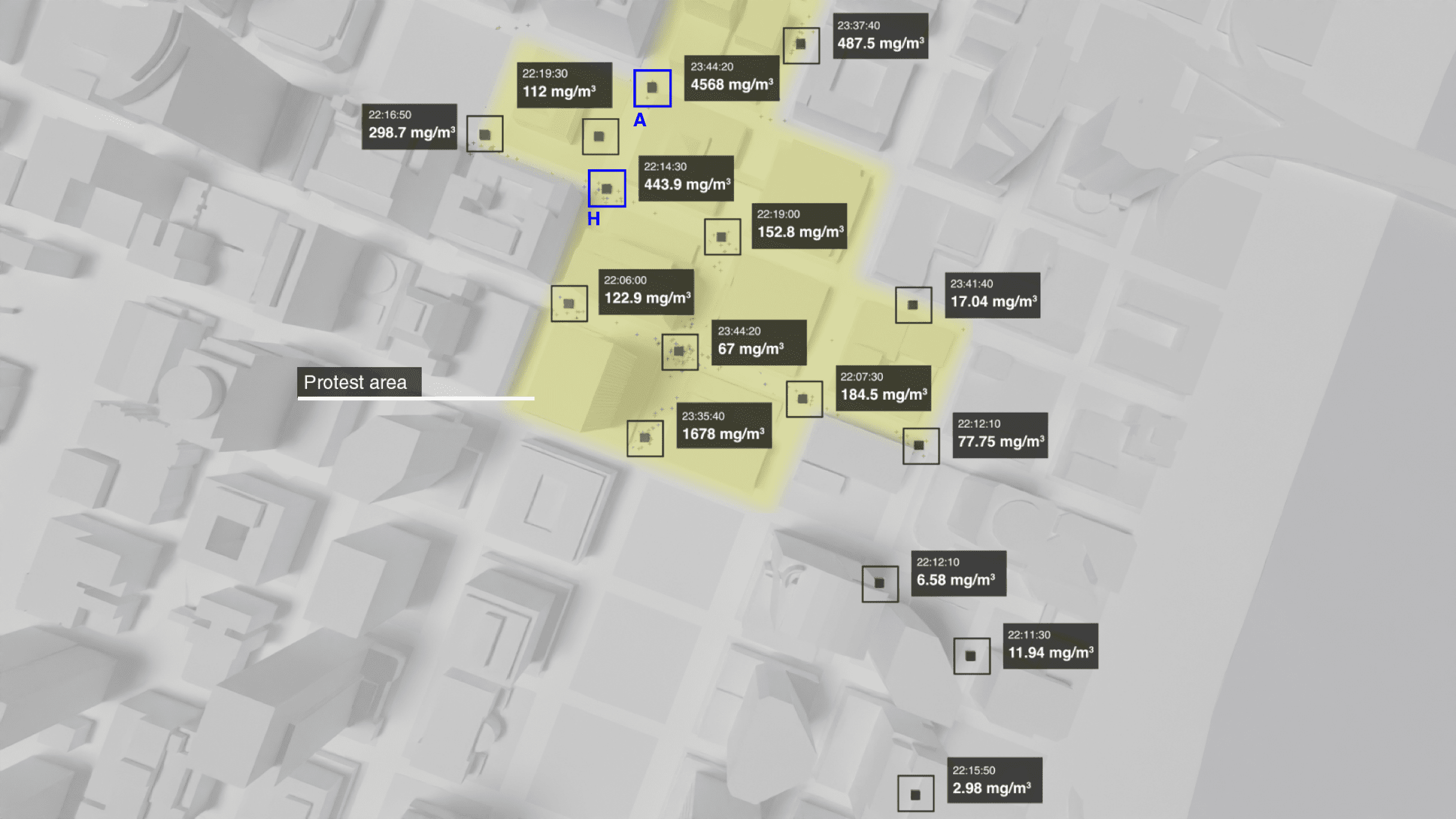 Tear Gas Tuesday in Portland – Results - The results of the simulation, and the ‘volume measurements’, show that in all sample locations, federally-recognised safe concentrations thresholds for CS exposure were breached significantly. (Forensic Architecture, 2023)