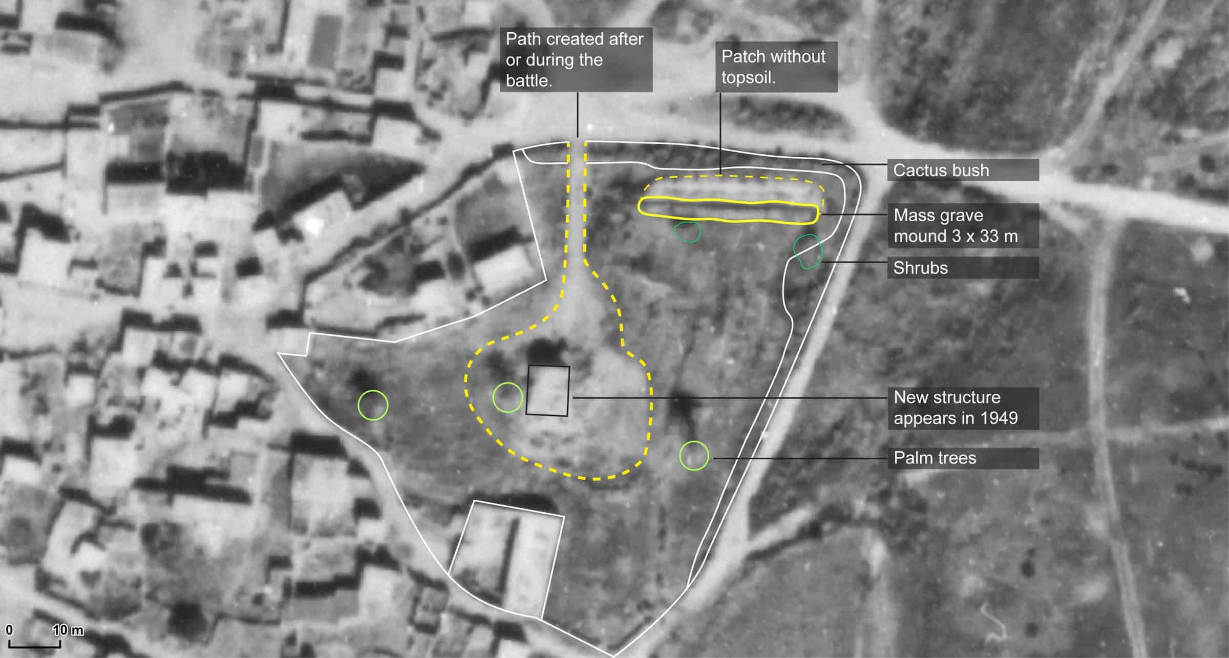 Tantura_3 - IAF 1949 aerial image marking key elements around E1. (Forensic Architecture, 2023)