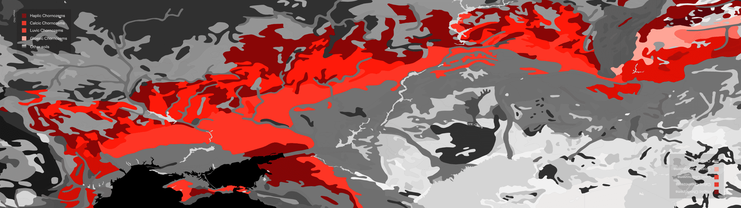 Map of chernozem belt - Map of the chernozem belt spanning Ukraine and parts of Russia, based on the Food and Agriculture Organisation’s (FAO) Soil Map of the World dataset.  (Forensic Architecture, 2023)