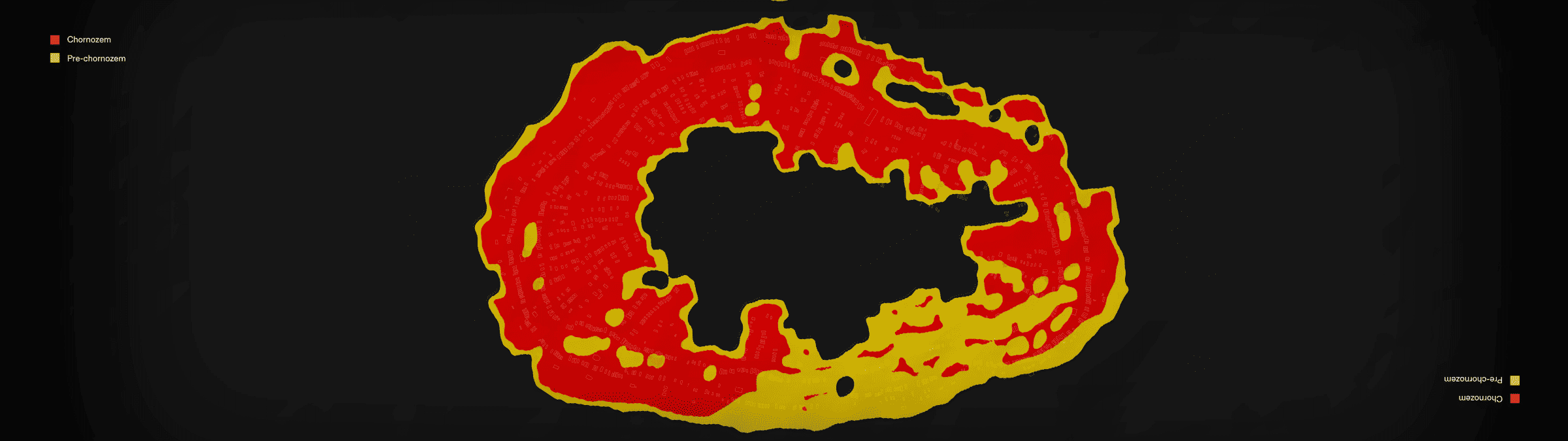 Digital model of chernozem - A digital model representing the potential spread of chernozem within the area of the settlement over a period of millennia. (Forensic Architecture, 2023)