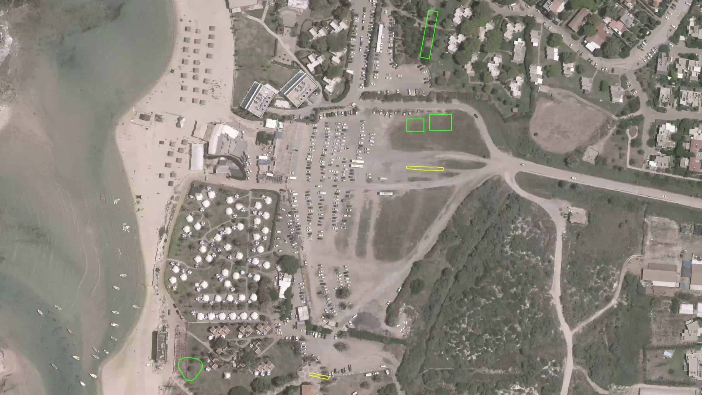 Tantura grave sites - Sites likely and possible mass graves in Tantura marked over contemporary satellite image. Source: 7 June 2019, OFEK. (Forensic Architecture, 2023)
