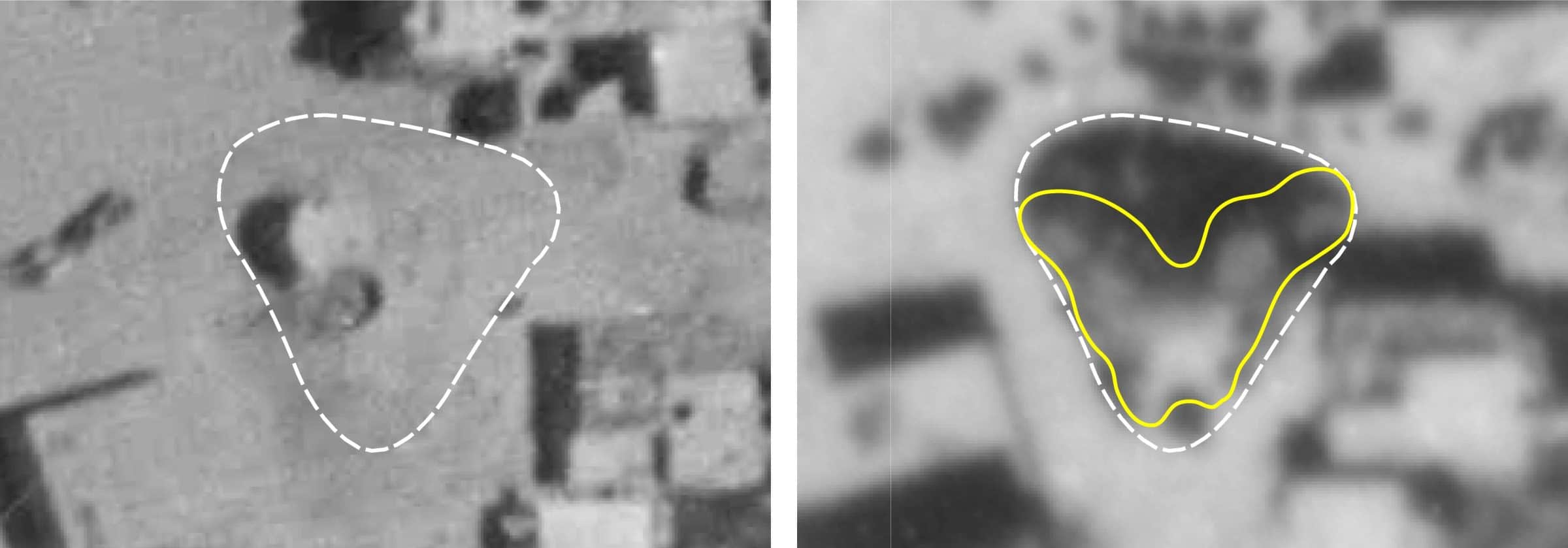 Beach mound anomalies (1947 / 1949) - The white dashed line outlines the area of anomaly. The yellow outline represents an apparent mound that appears in 1949 after the battle. Left: 1947 RAF aerial image. Right: 1949 IAF aerial image. (Forensic Architecture, 2023)