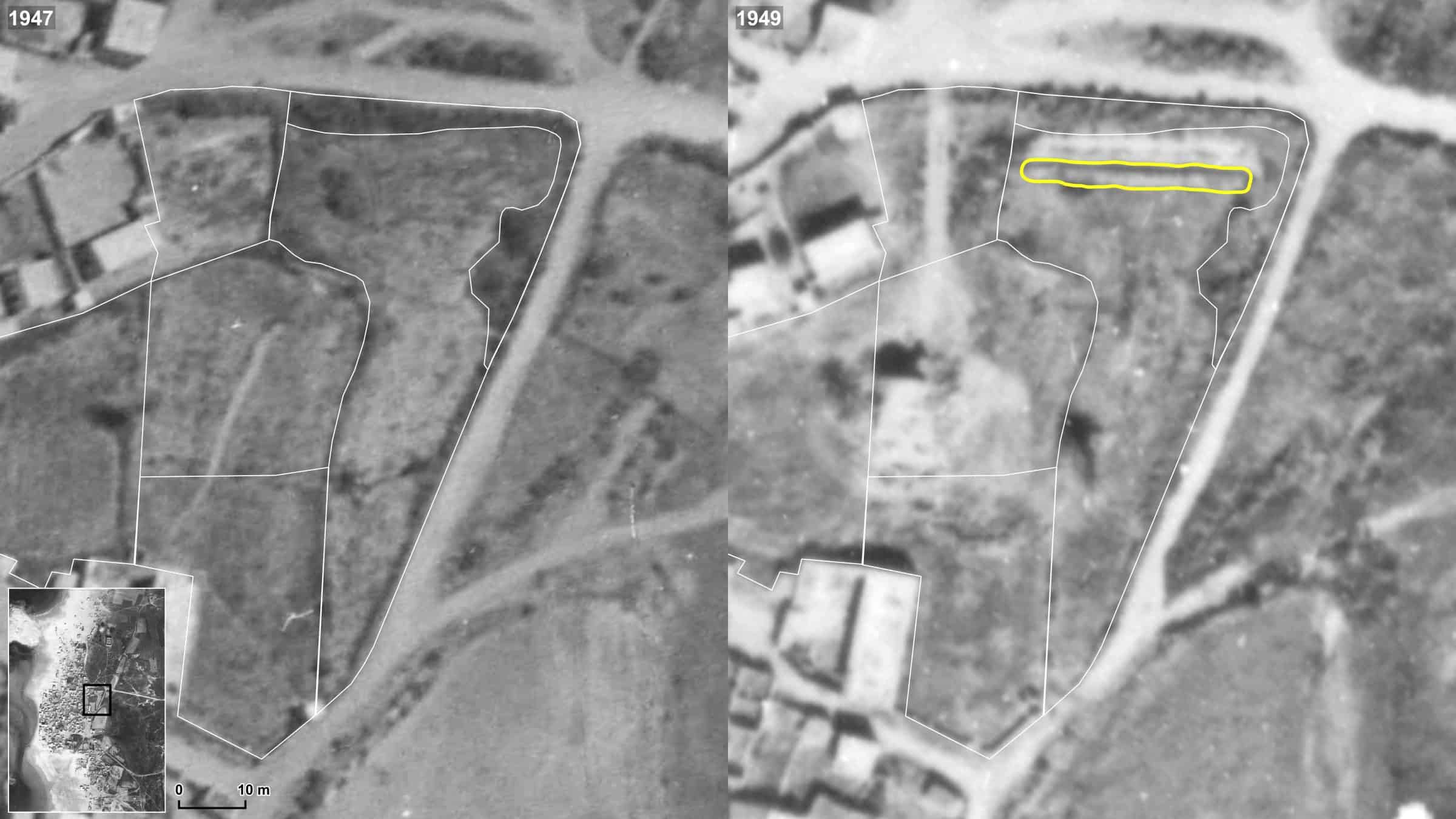 Tantura_1 - Comparison of the site of E1 between 1947 and 1949 marking the bush and plot lines. (Forensic Architecture, 2023)