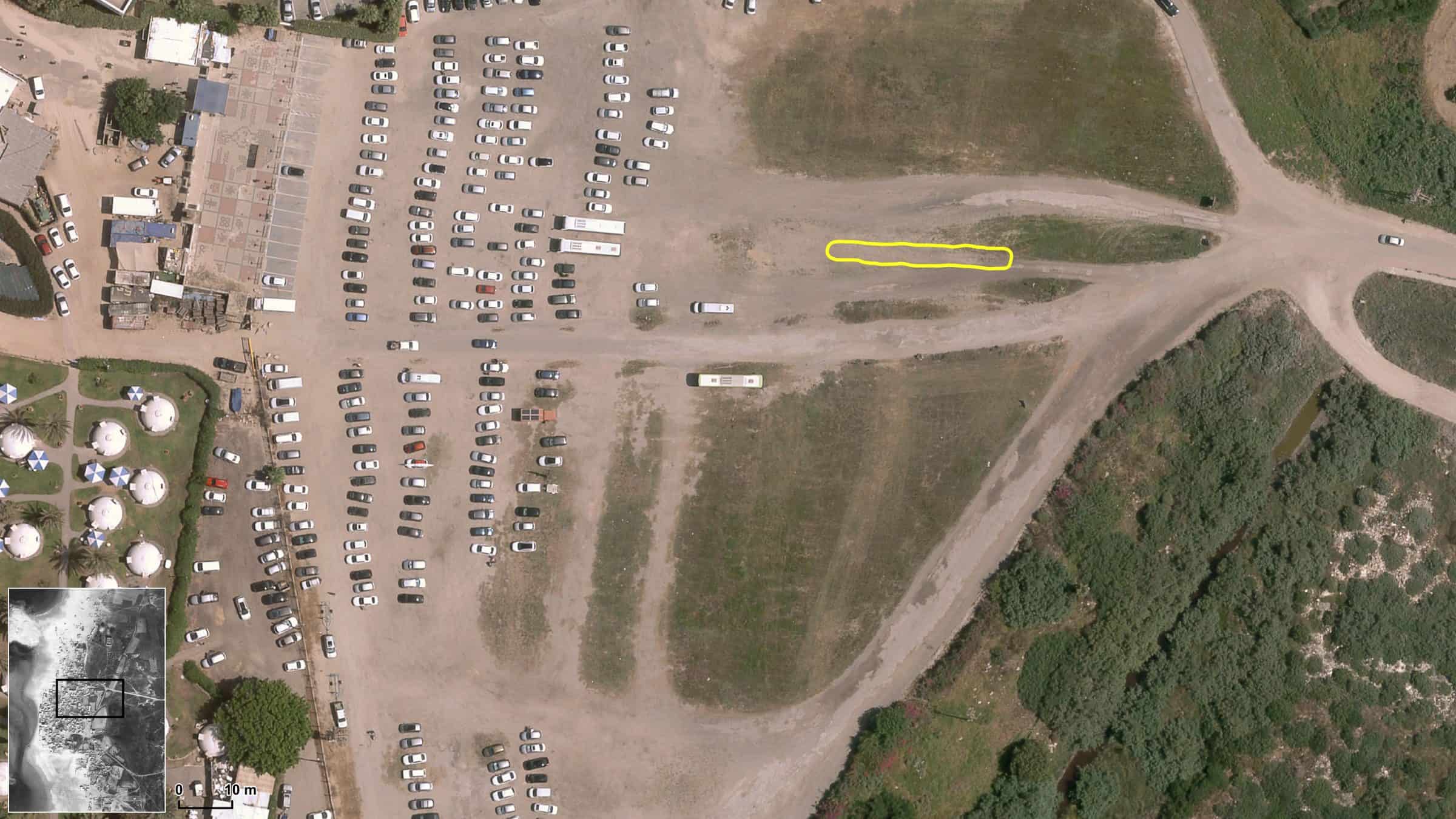 Tantura_10 - Boundary of Earthwork 1 marked within contemporary satellite image. Source: 7 June 2019, OFEK. (Forensic Architecture, 2023)