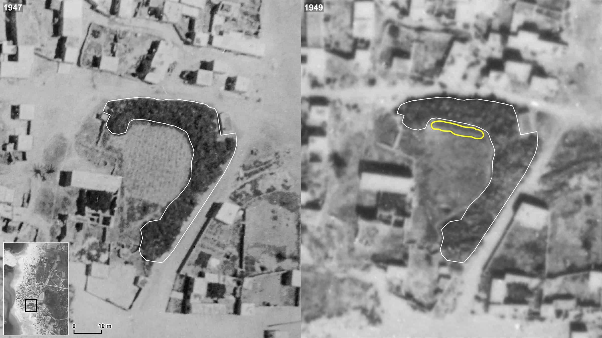 Tantura_15 - Comparison of the site of E2 between 1947 RAF and 1949 IAF marking the bush lines. (Forensic Architecture, 2023)