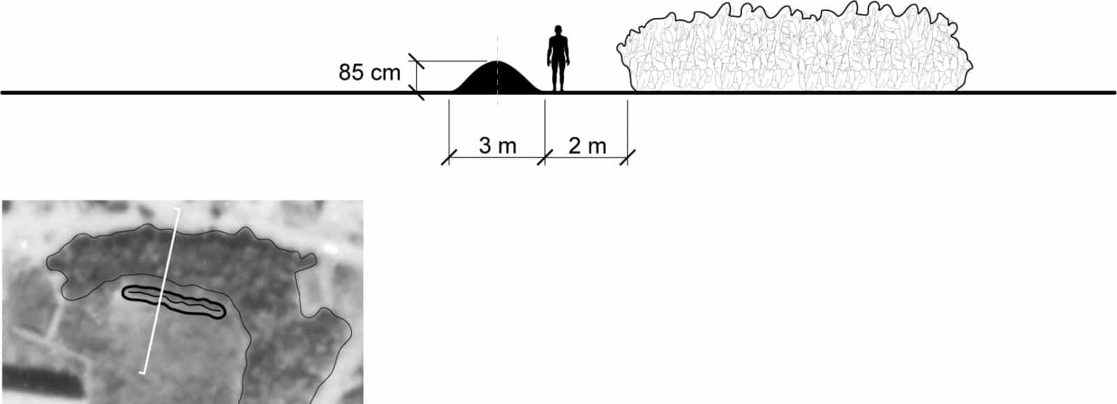 Tantura_16 - Sectional drawing of E2 showing the dimensions of the mound and its distance from the cactus bush in the 1949 IAF image. (Forensic Architecture, 2023)