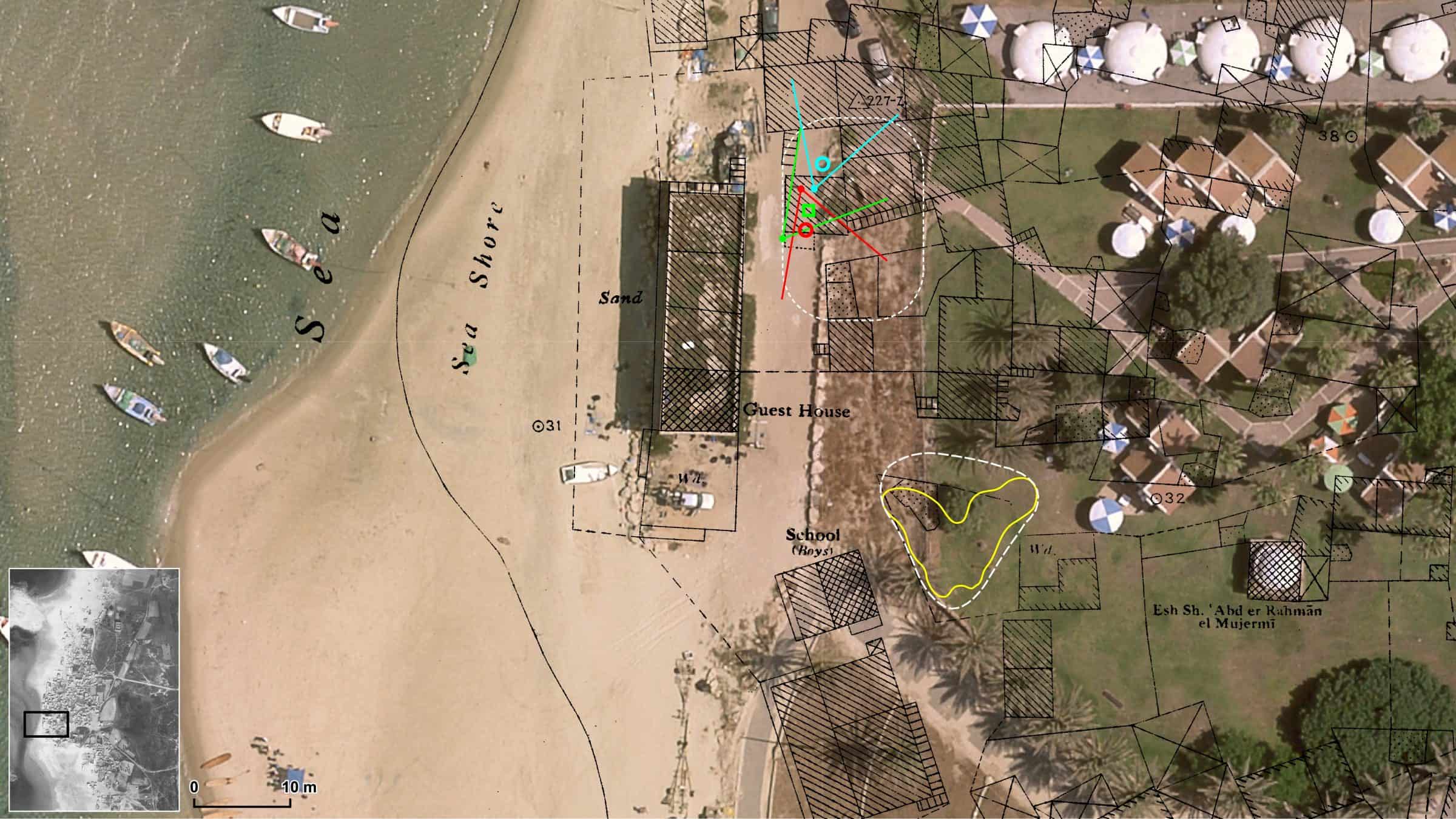 Tantura_17a - Sites of possible graves near the beach. The blue and red markers indicate Mostafa al-Masry’s testimony of the location of burial given in interviews with MBC and the documentary Over Their Dead Bodies respectively. The green marker indicates Hassadieh’s testimony of the location where bones were discovered. The yellow outline represents a mound that appears in the IAF 1949 image after the battle. Stills from Over Their Dead Bodies (2008) in red and blue, and from Tantura (2022) in green. (Forensic Architecture, 2023)
