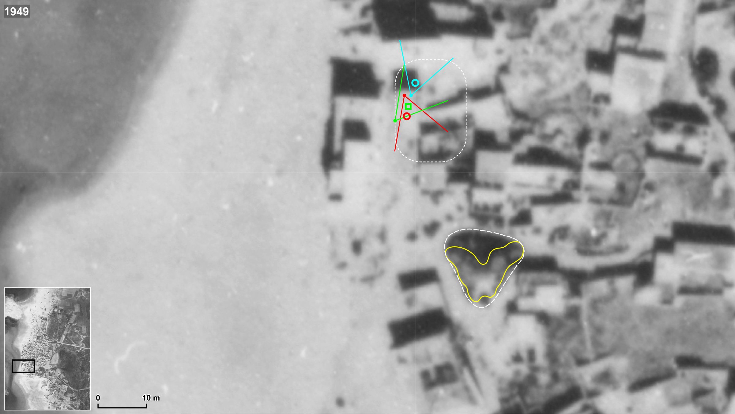 Tantura_17b - Sites of possible graves near the beach. The blue and red markers indicate Mostafa al-Masry’s testimony of the location of burial given in interviews with MBC and the documentary Over Their Dead Bodies respectively. The green marker indicates Hassadieh’s testimony of the location where bones were discovered. The yellow outline represents a mound that appears in the IAF 1949 image after the battle. Stills from Over Their Dead Bodies (2008) in red and blue, and from Tantura (2022) in green. (Forensic Architecture, 2023)