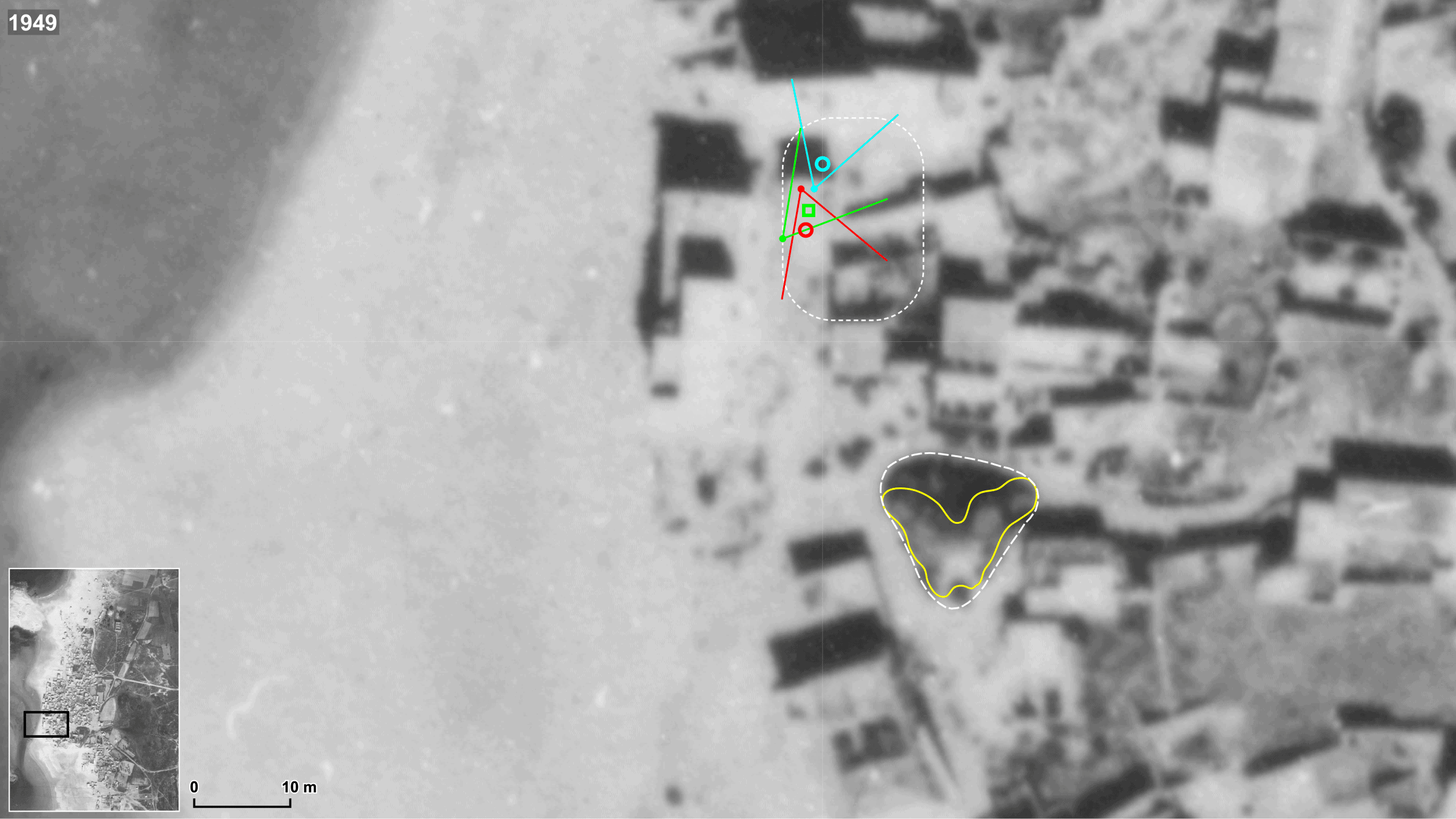 Tantura_17b - Sites of possible graves near the beach. The blue and red markers indicate Mostafa al-Masry’s testimony of the location of burial given in interviews with MBC and the documentary Over Their Dead Bodies respectively. The green marker indicates Hassadieh’s testimony of the location where bones were discovered. The yellow outline represents a mound that appears in the IAF 1949 image after the battle. Stills from Over Their Dead Bodies (2008) in red and blue, and from Tantura (2022) in green. (Forensic Architecture, 2023)