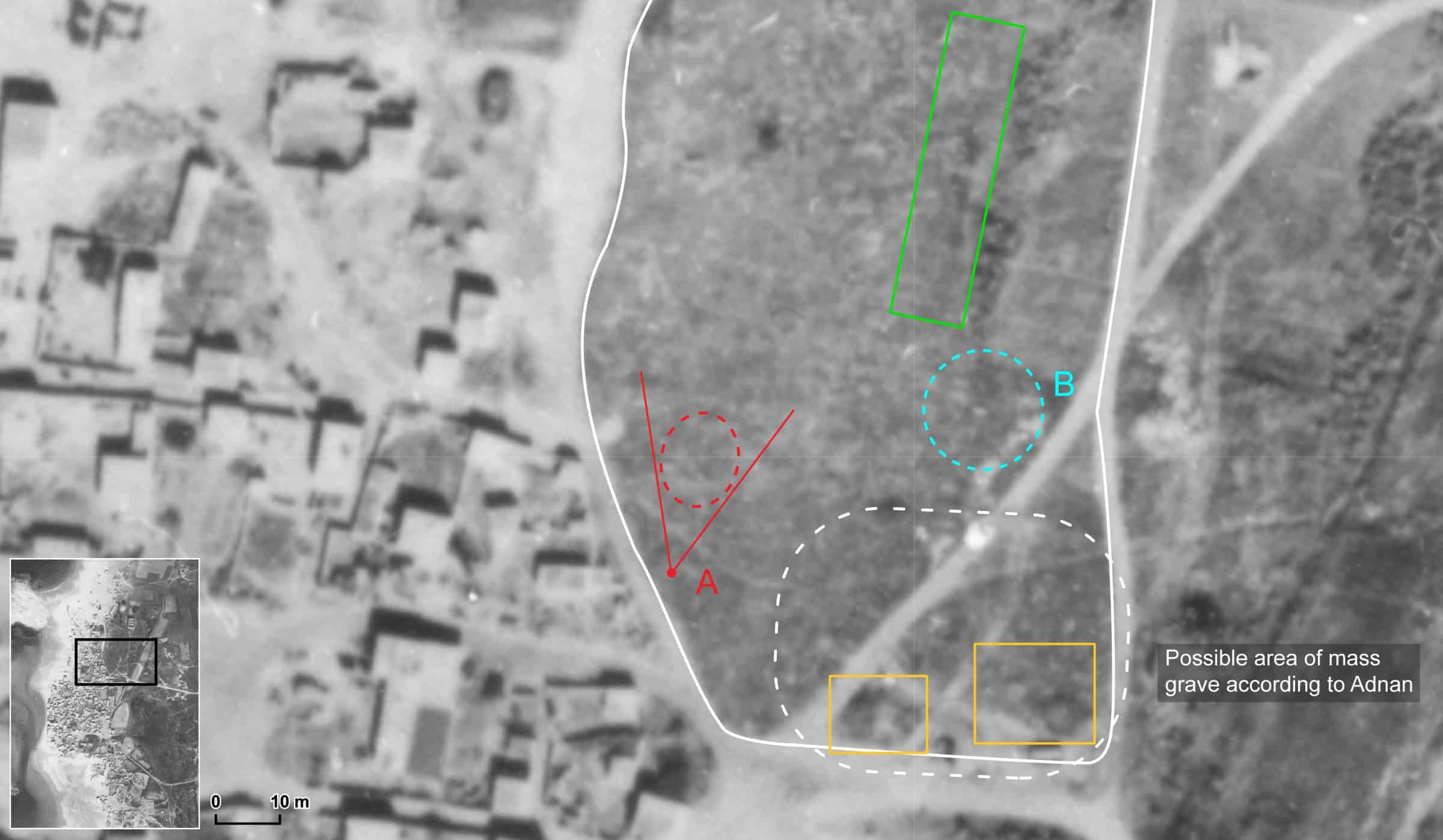 Tantura_20 - Diagram representing all locations testified to be sites of mass graves inside the main cemetery in the village of Tantura, sketched over an aerial image of the surrounding area. Image source: IAF, 1949. (Forensic Architecture, 2023)