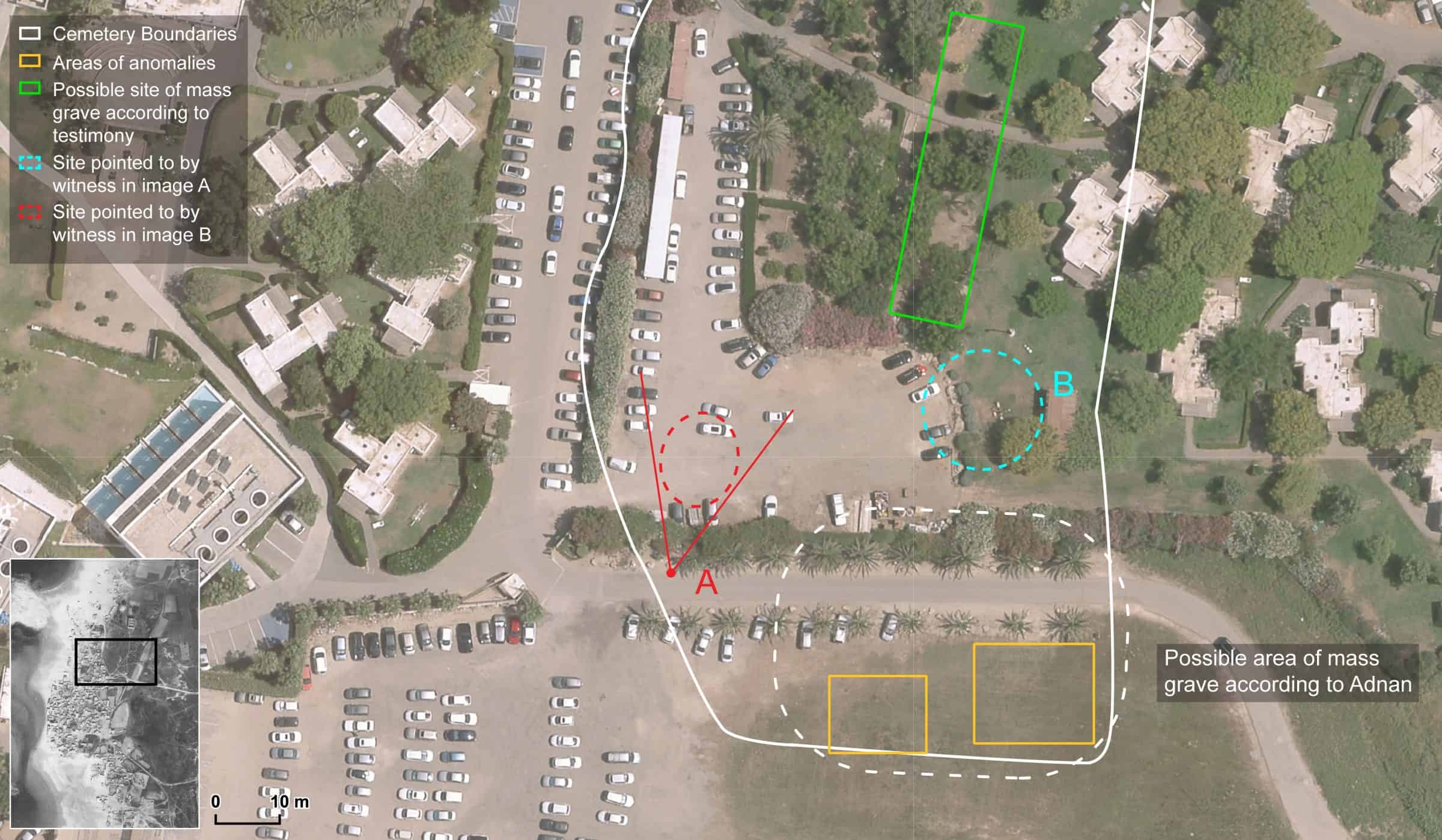 Tantura_21 - Diagram representing all locations testified to be sites of mass graves inside the cemetery, sketched over a contemporary aerial image of the surrounding area. Image source: The Israeli Center for Public Affairs (OFEK), 7 June 2019. (Forensic Architecture, 2023)
