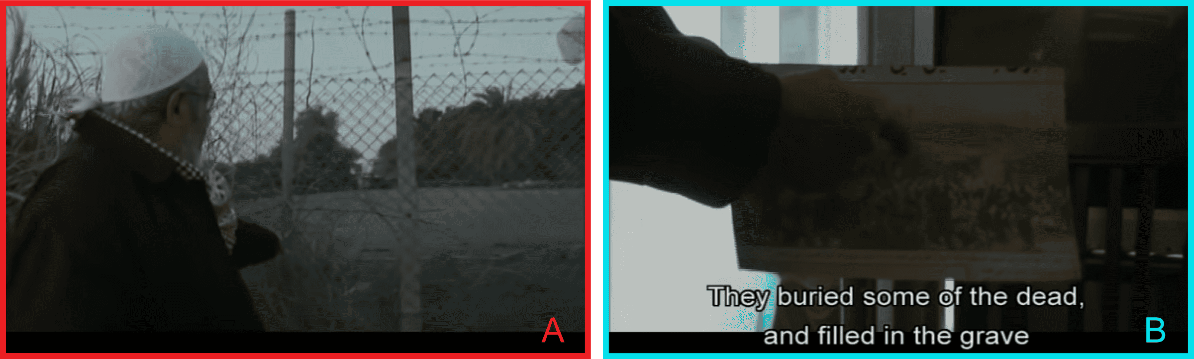 Tantura_22 - Two stills from Arab Loutfi’s Over Their Dead Bodies (2008). In still A, Mostafa al-Masry points to an area he describes as the site of a mass grave. In still B, Nayed Sallam points in a photograph to the site of a mass grave. Both sites are drawn and labelled above.