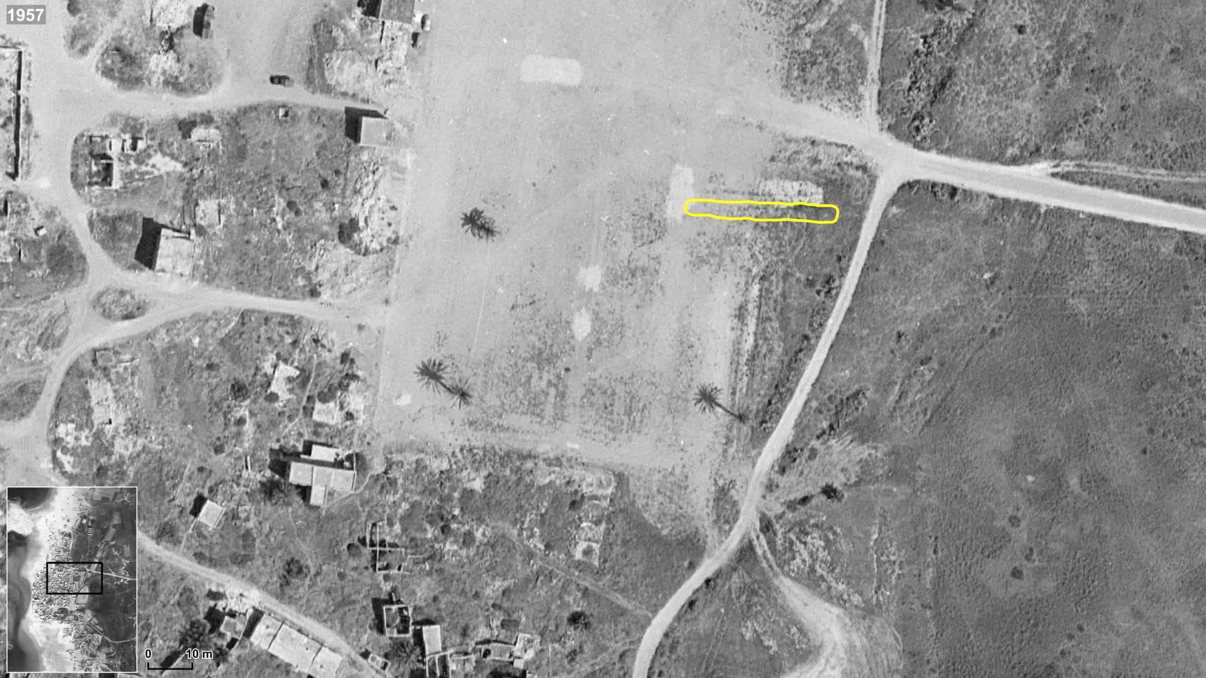 Tantura_9 - Boundary of Earthwork 1 marked within the IAF 1957 image. (Forensic Architecture, 2023)