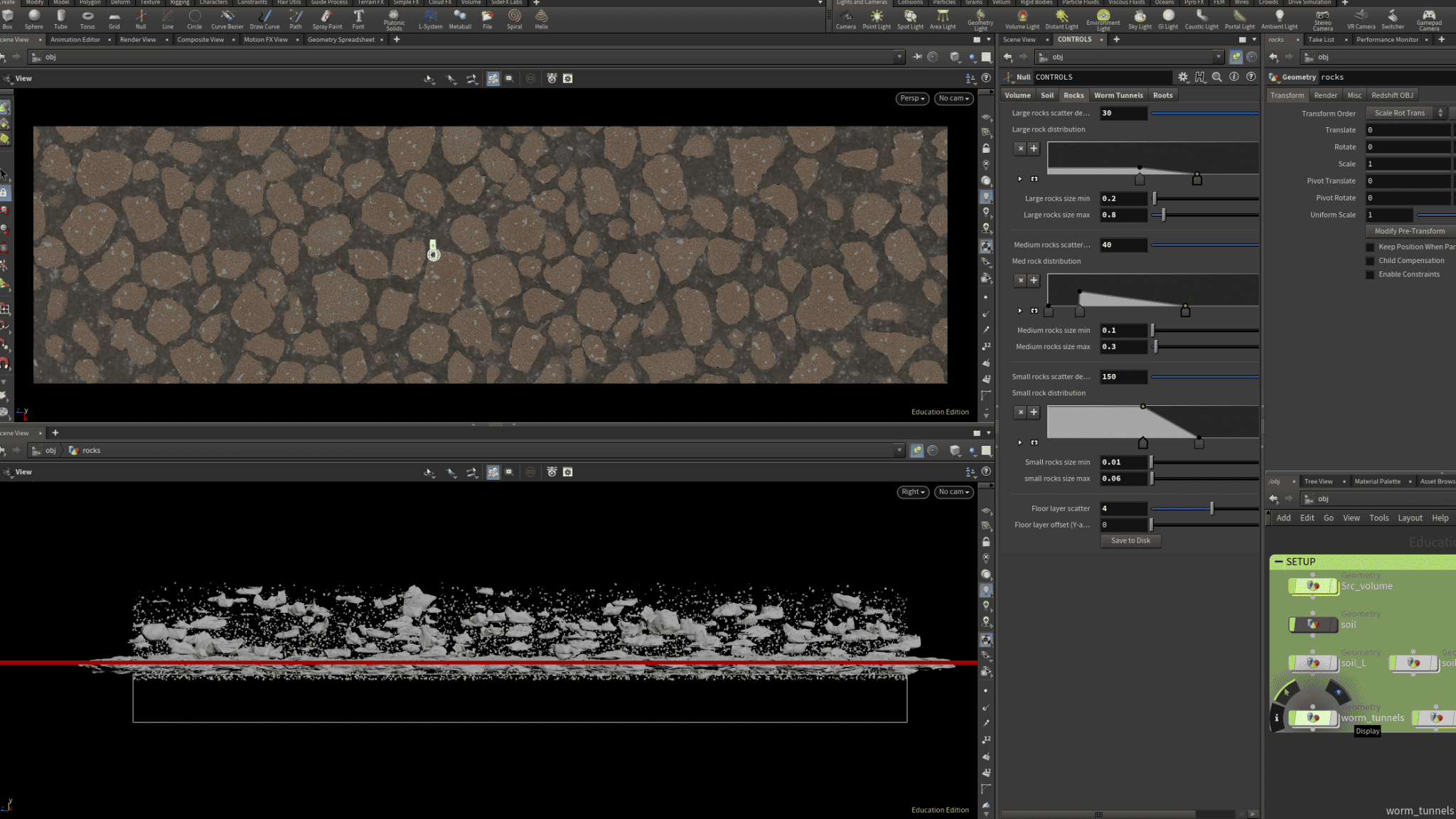 Digital reconstruction of soil strata - The software Houdini FX allows us to procedurally recreate in 3D the structure of the soil covering the settlement. Through a technique that mimics the CT scan aesthetic we were able to observe the stratigraphy of the soil from the surface of the ground down to the settlement. (Forensic Architecture, 2023)