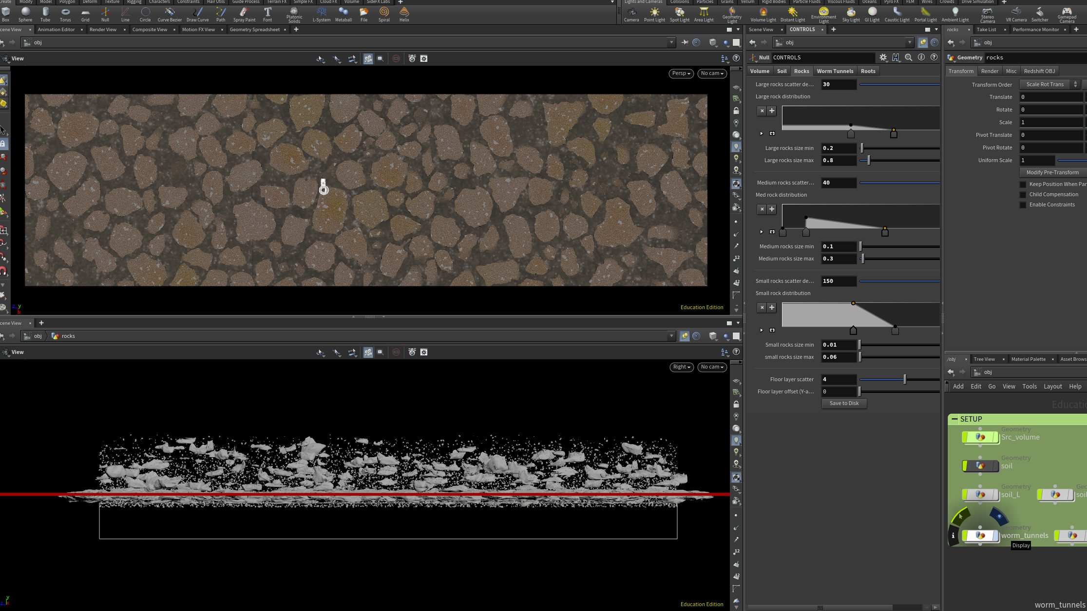 Digital reconstruction of soil strata - The software Houdini FX allows us to procedurally recreate in 3D the structure of the soil covering the settlement. Through a technique that mimics the CT scan aesthetic we were able to observe the stratigraphy of the soil from the surface of the ground down to the settlement. (Forensic Architecture, 2023)