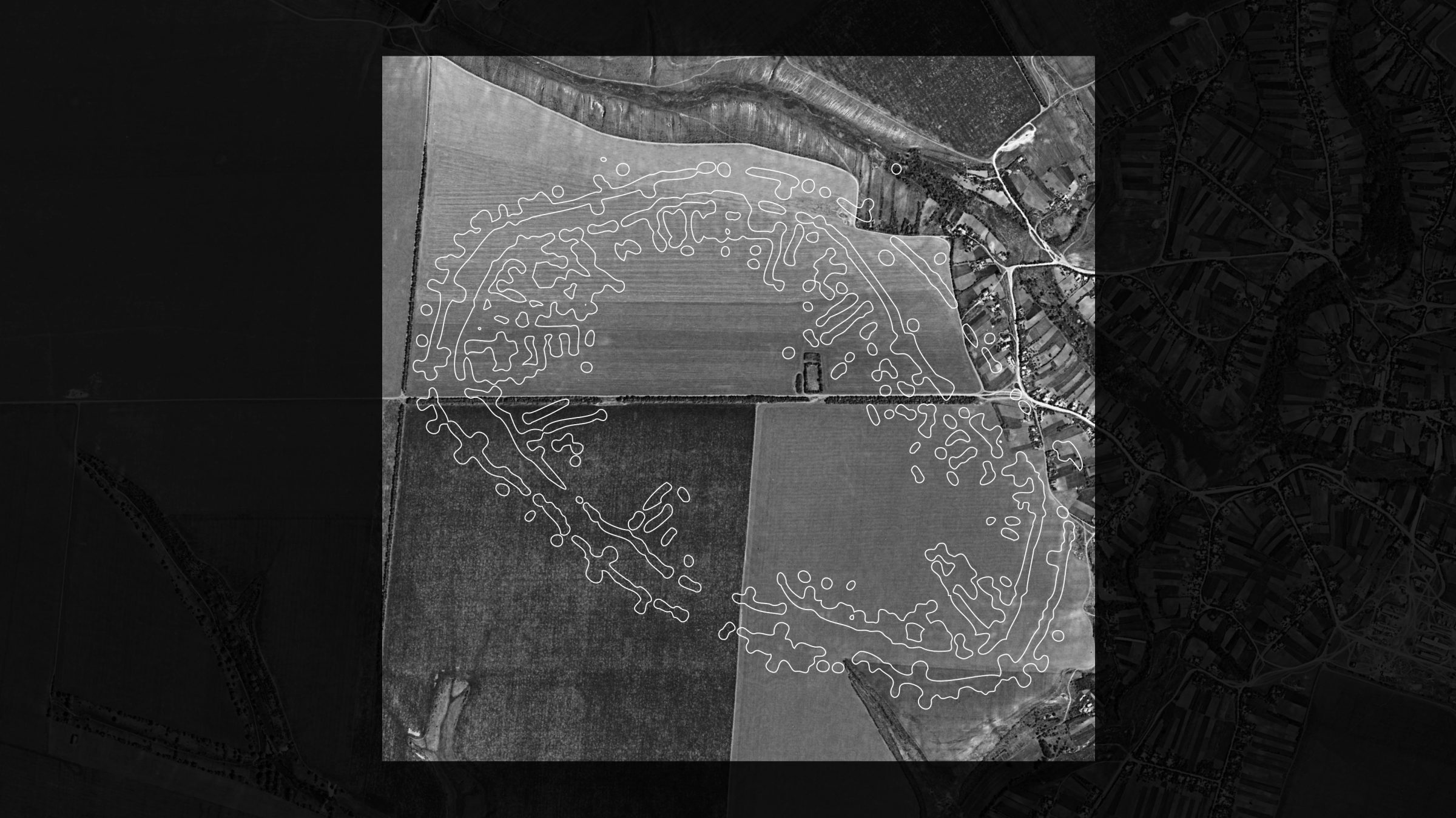 Traces of Nebelivka - Soil mark annotations on aerial imagery of Nebelivka. (Forensic Architecture, 2023)