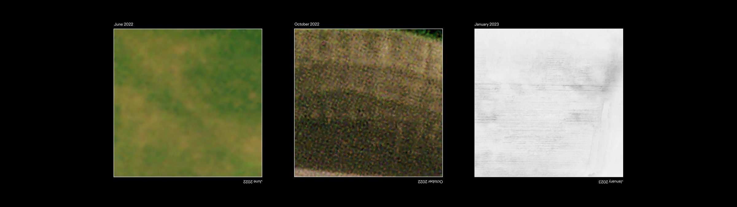 Cropmarks and snow marks - Details of cropmarks and snow marks as seen through satellite images, revealing the settlement of Nebelivka across different seasons. (Forensic Architecture, 2023)