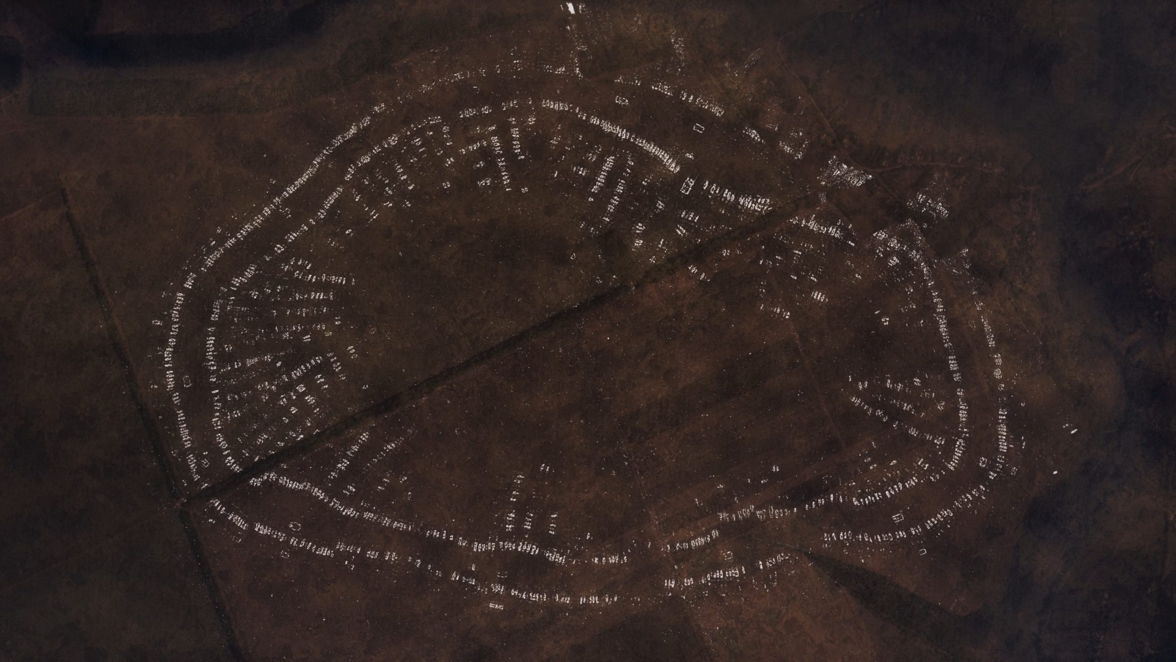 Rendered impression of Nebelivka - A rendered impression of the archaeological settlement of Nebelivka, reconstructed geophysical data. (Forensic Architecture, 2023)