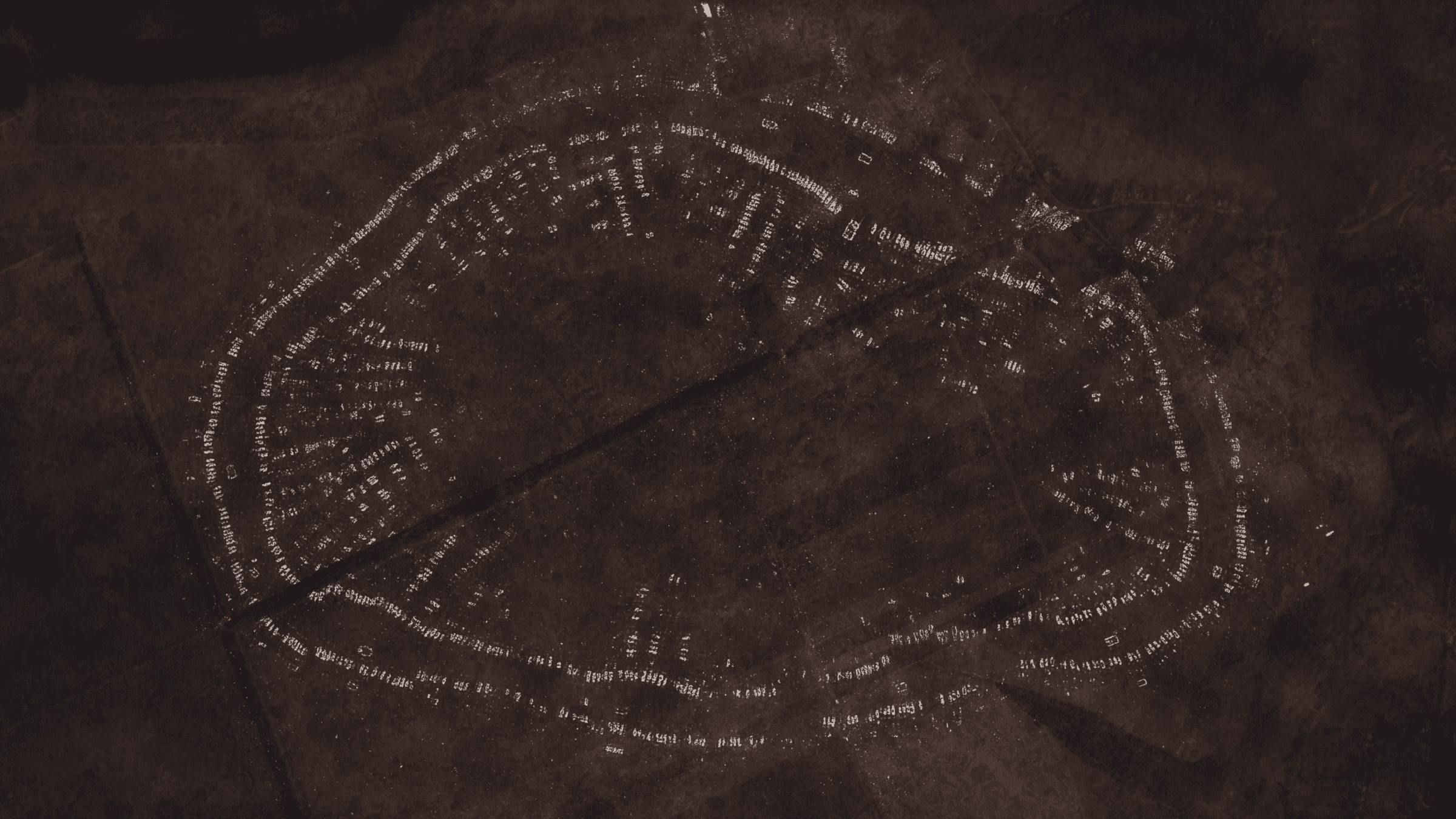 Rendered impression of Nebelivka - A rendered impression of the archaeological settlement of Nebelivka, reconstructed geophysical data. (Forensic Architecture, 2023)