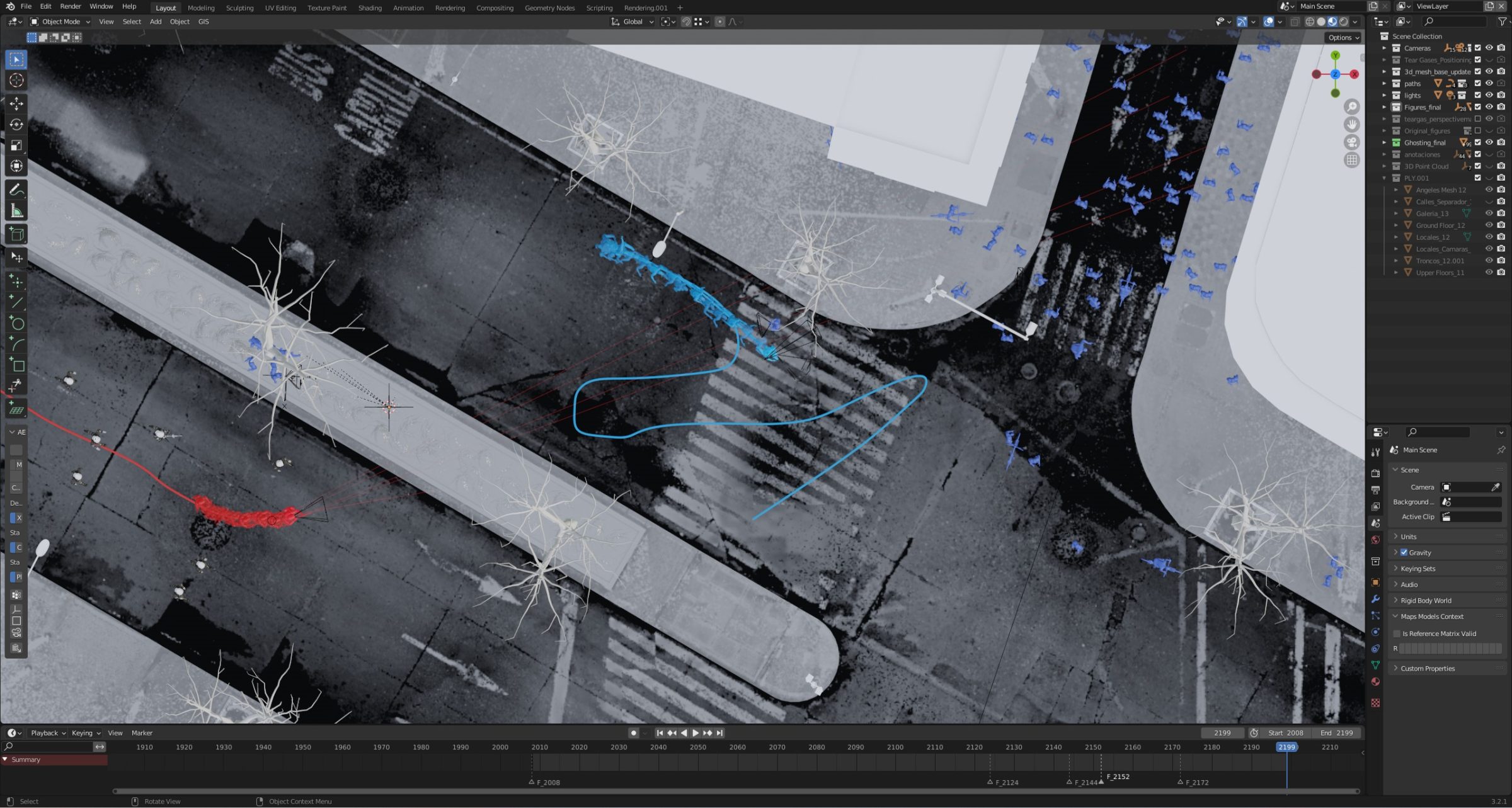 Dilan-Cruz_3 - Vista superior de todos los movimientos realizados por los diferentes actores en los 2.5 segundos previos al disparo
fata
l. (Forensic Architecture, 2023)
Top view of all the movements made by the different actors during the 2.5 seconds before the fatal shot. (Forensic
Architecture, 2023)