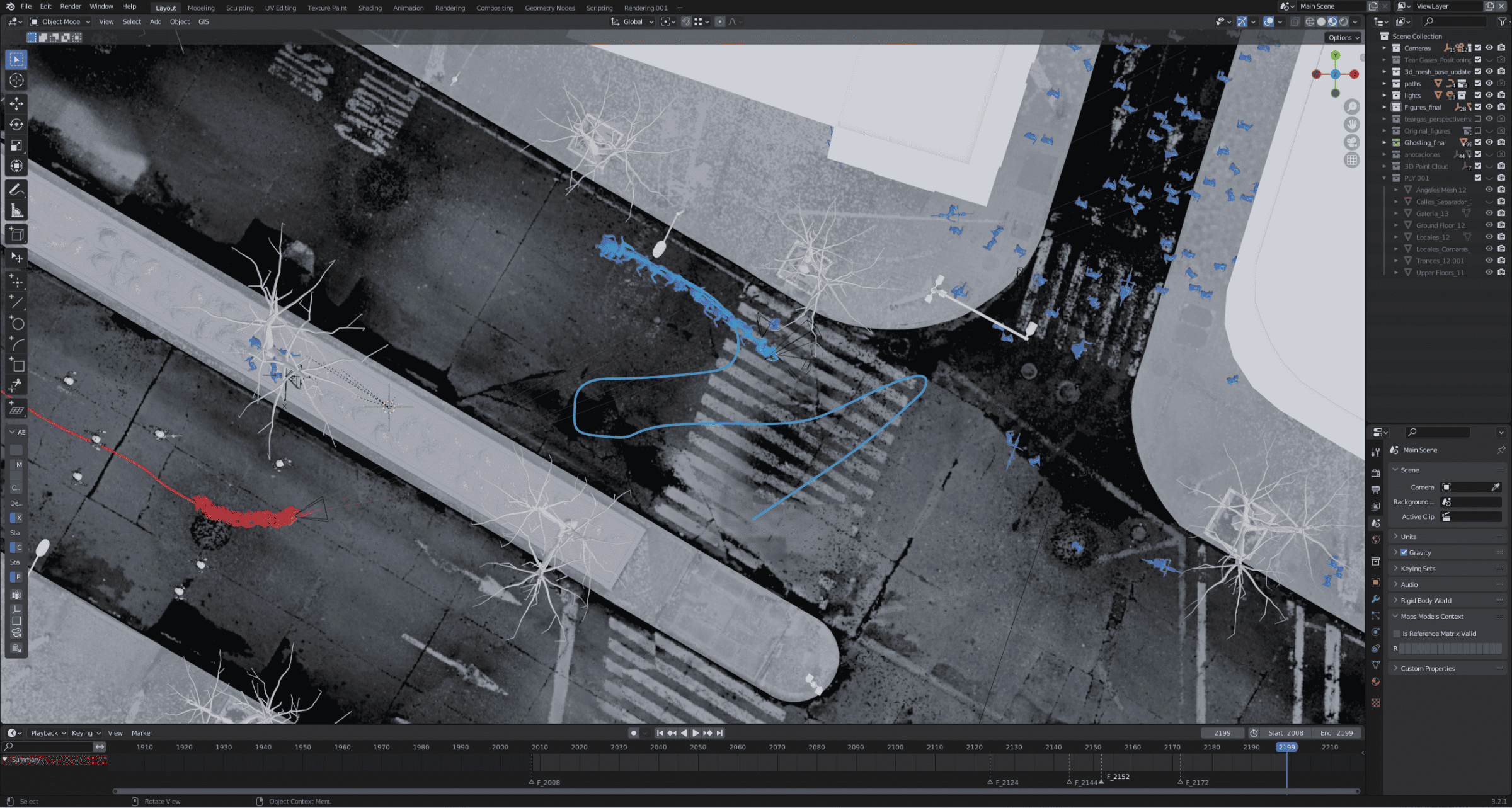 Dilan-Cruz_3 - Vista superior de todos los movimientos realizados por los diferentes actores en los 2.5 segundos previos al disparo
fata
l. (Forensic Architecture, 2023)
Top view of all the movements made by the different actors during the 2.5 seconds before the fatal shot. (Forensic
Architecture, 2023)