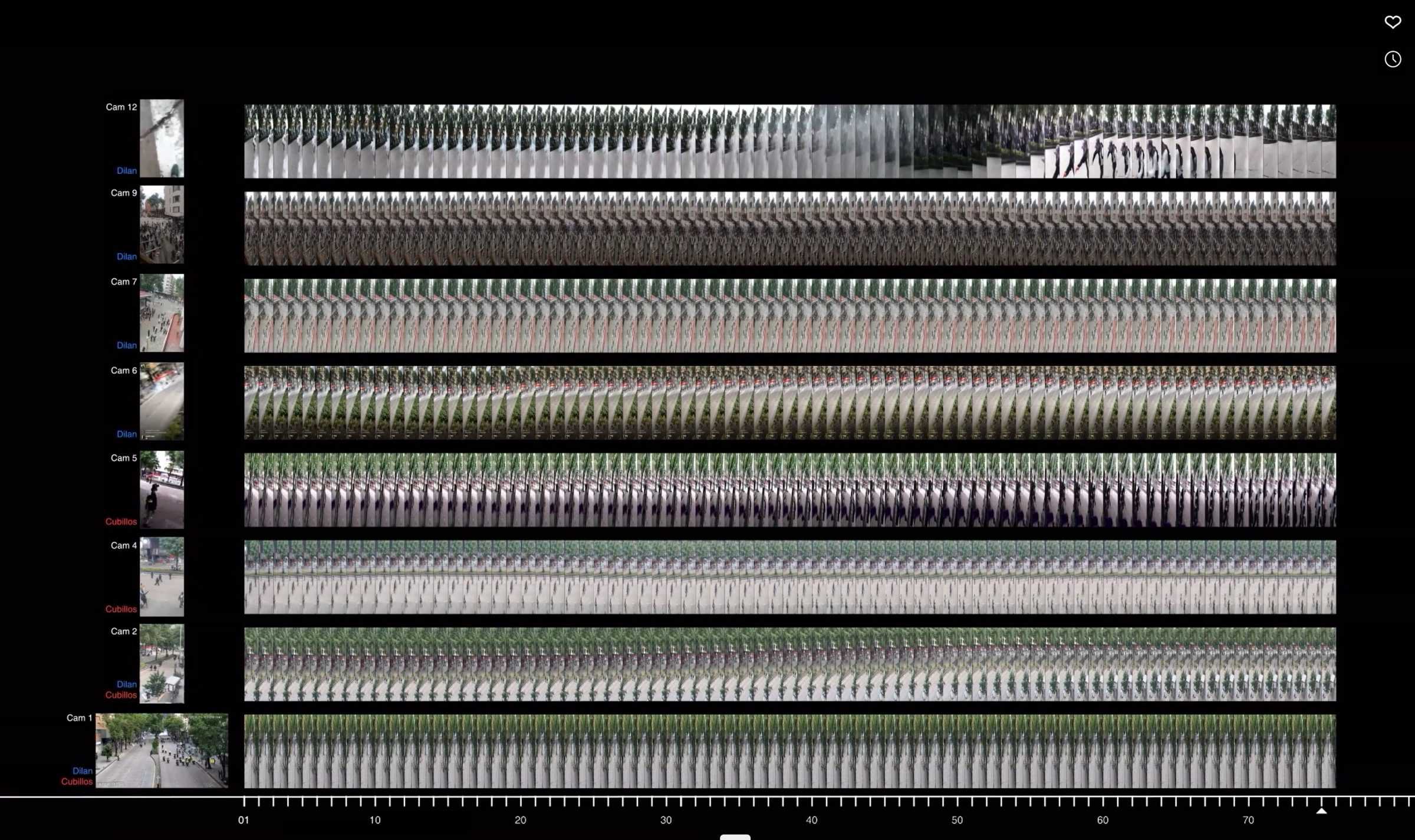 Dilan-Cruz_4 - El momento que va desde cuando  Dilan devuelve el segundo gas lacrimógeno hasta el  disparo realizado por Cubillos fue grabado por ocho cámaras en 75 fotogramas. Cada cámara registró diferentes aspectos de la escena, con cuatro cámaras capturando a Dilan, dos cámaras a Cubillos y dos más a ambos.
 
The time between the moment Dilan returns the second tear gas canister and the shot fired by Cubillos was recorded by eight cameras over 75 frames. Each camera recorded different aspects of the scene, with four cameras capturing Dilan, two cameras capturing Cubillos and two cameras capturing both of them. (Forensic Architecture, 2023)