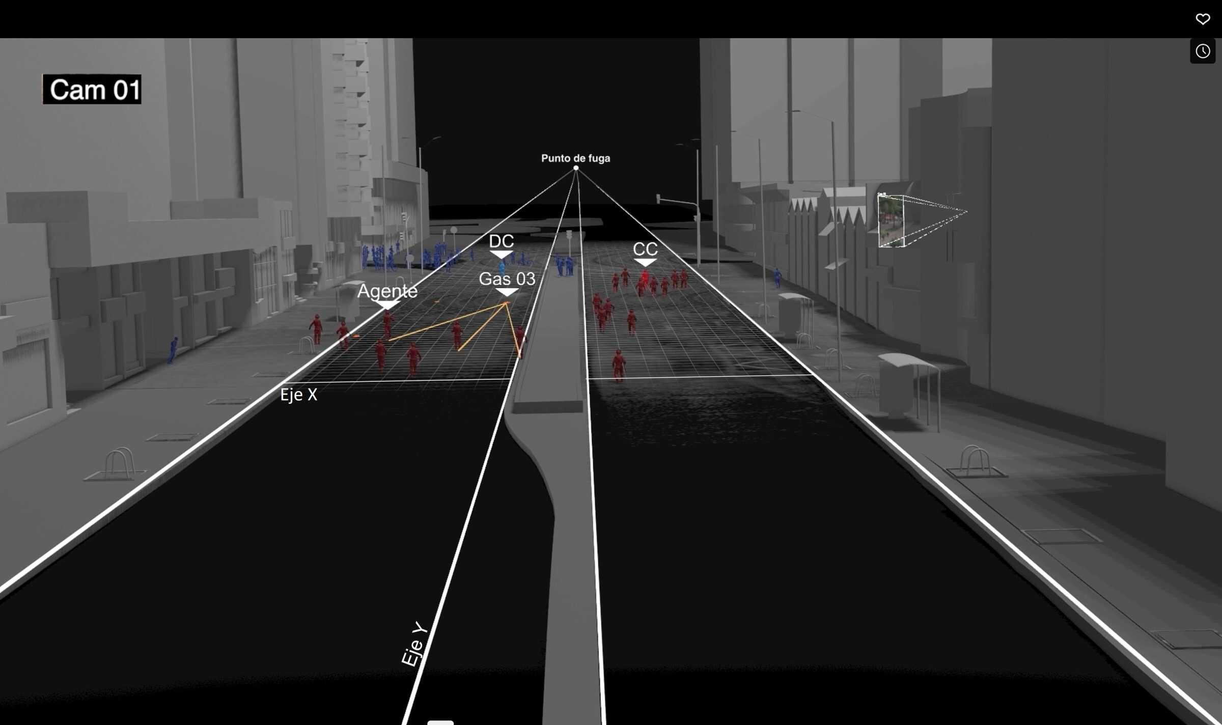  - Comparación de las cámaras 01 y 02 para determinar el punto de aterrizaje de la granada de gas lacrimógeno devuelta por Dilan.  Se puede ver que las distancias percibidas en el eje Y de la cámara 01 están distorsionadas por el punto de fuga, lo que hace que todo parezca más cercano al punto de vista de la cámara. 
 
A comparison between cameras 01 and 02 to determine the landing point of the tear gas canister returned by Dilan. We can see that the perceived distances on the Y-axis of camera 01 are distorted by the vanishing point, which makes everything seem closer to the camera’s point of view. (Forensic Architecture, 2023)
