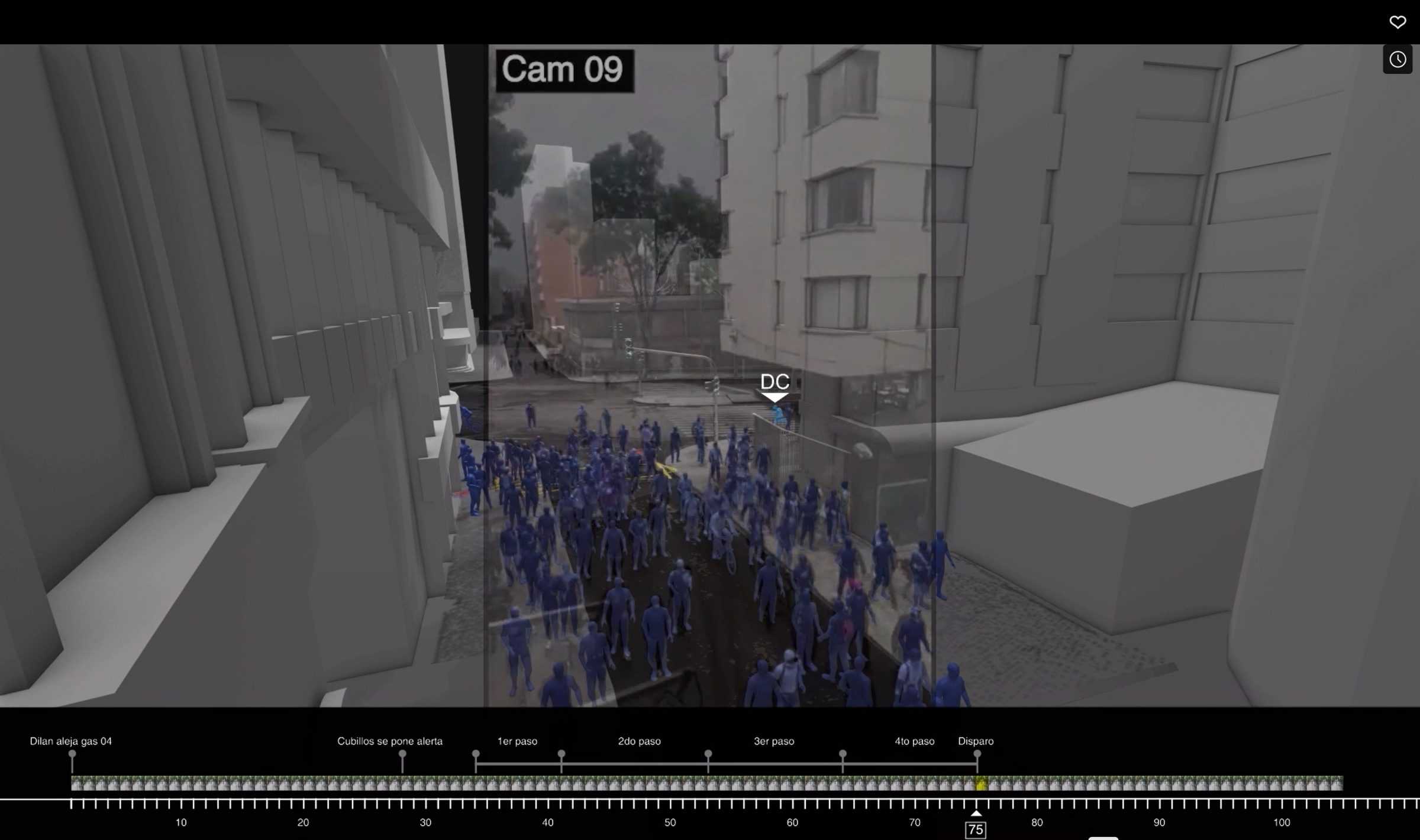 Dilan-Cruz_7 - Posicionamiento de todos los manifestantes que se desplazaban hacia el norte en la Carrera 4, basado en tres cámaras que filmaron desde el momento en que Dilan Cruz devolvió la segunda granada de gas lacrimógeno hasta el disparo del Capitán Cubillos.
 
Positioning of all protesters moving north on Carrera 4 (Avenue 4) based on three cameras which filmed the scene from the moment Dilan Cruz returns the second tear gas canister to the shot of Captain Cubillos. (Forensic Architecture, 2023)