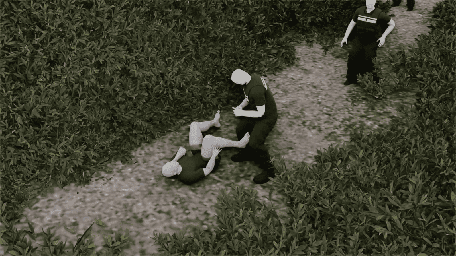 Sammy Baker-5-Dog handler still standing - The dog handler tackled Sammy to the ground. Three officers said the dog handler fell with him, but video analysis shows that is not true. (Forensic Architecture and Forensis, 2023)