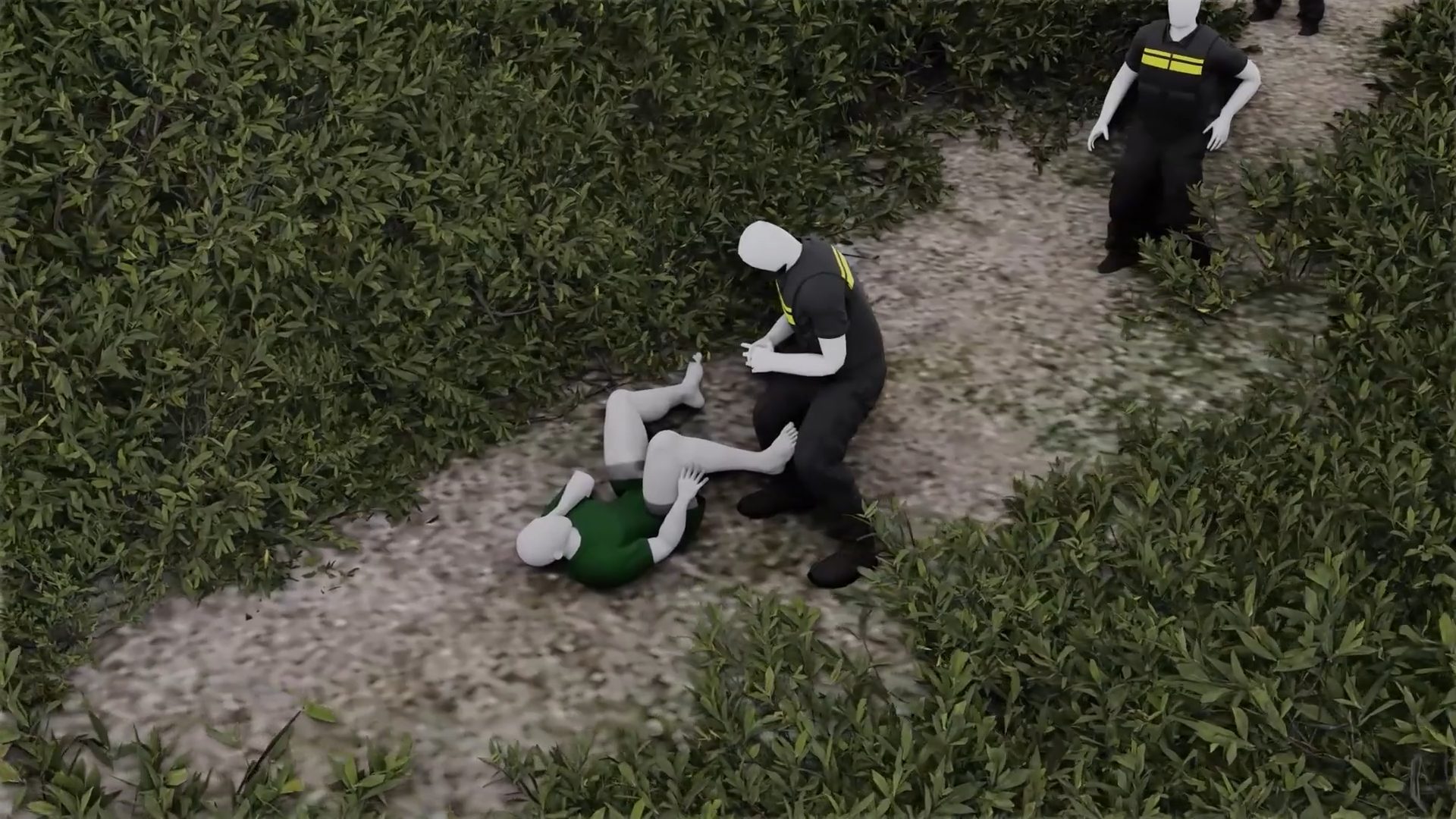 Sammy Baker-5-Dog handler still standing - The dog handler tackled Sammy to the ground. Three officers said the dog handler fell with him, but video analysis shows that is not true. (Forensic Architecture and Forensis, 2023)