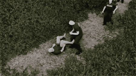 Sammy Baker-5-Dog handler still standing - The dog handler tackled Sammy to the ground. Three officers said the dog handler fell with him, but video analysis shows that is not true. (Forensic Architecture and Forensis, 2023)