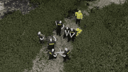 Sammy Baker-6-Shots 2 and 3 moment, model - A few seconds after Sammy is thrown to the ground, officers fired four times at Sammy, hitting him twice. The angle of the shots and the injuries sustained by Sammy tell us a lot about how he was positioned at the time of the shots. (Forensic Architecture and Forensis, 2023)