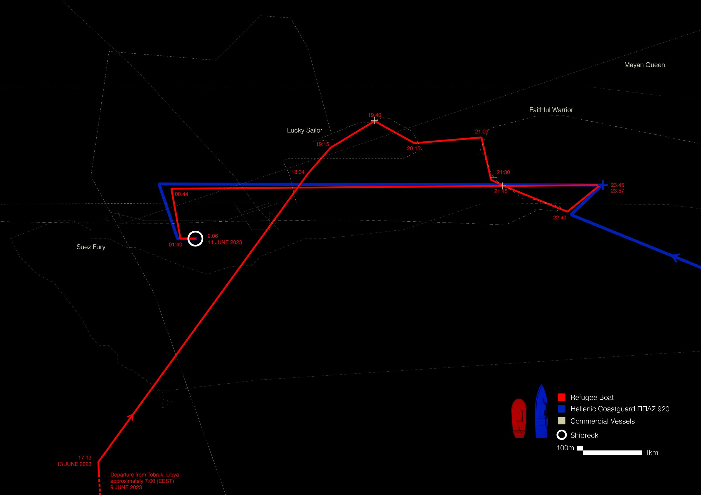Pylos Shipwreck Map Close Up - A close-up map documenting the trajectory of the migrant boat (red), of the Hellenic Coast Guard (blue) and of the other vessels in the last hours before the shipwreck. (Forensis, 2023)
