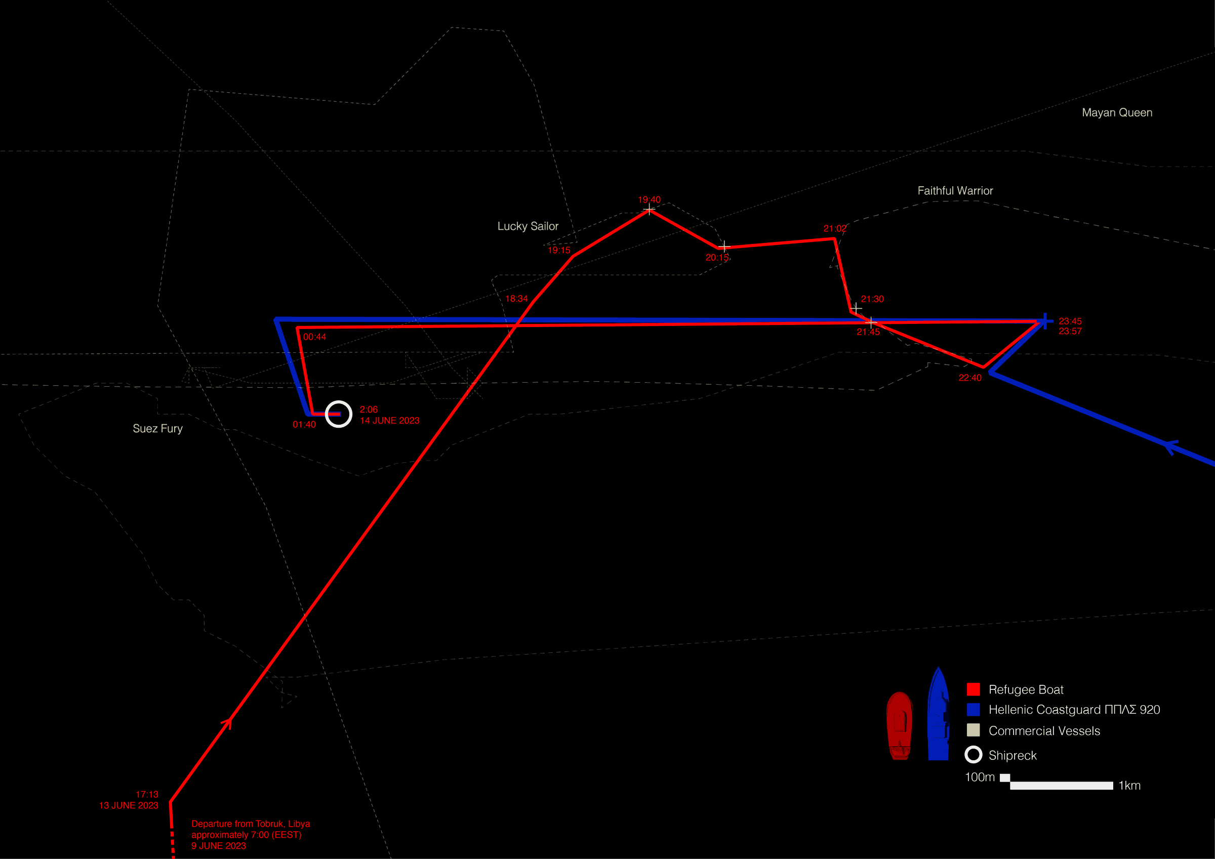 Pylos Shipwreck Map Close Up - A close-up map documenting the trajectory of the migrant boat (red), of the Hellenic Coast Guard (blue) and of the other vessels in the last hours before the shipwreck. (Forensis, 2023)